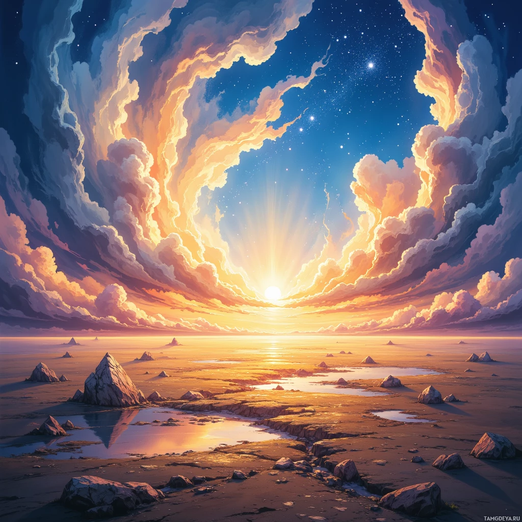 Спокойная закатная сцена с яркими облаками и сияющим солнцем, отражающимся в безмятежном пейзаже.