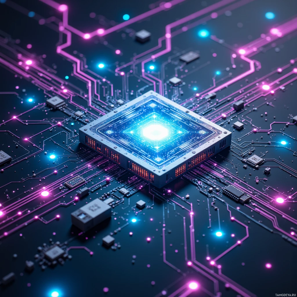 Футуристичная печатная плата со светящимися элементами и неоновым освещением.