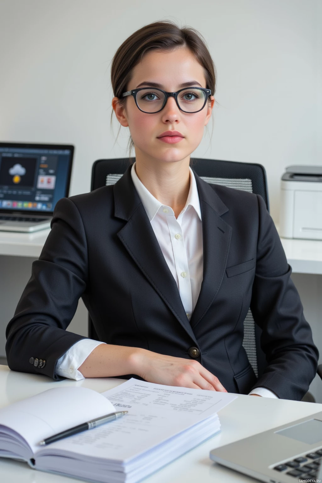 Realistic high quality photo. Short-haired black-haired woman, 34, blue eyes, fair skin, wearing a tailored business suit and stylish glasses, seated at a modern office desk with a meticulously stacked pile of files, a laptop displaying a weather forecast, a printer that has just cleared a jam, and an ergonomic chair slightly shifted, exuding a precise, calculated focus in a bright, well-lit corporate environment.