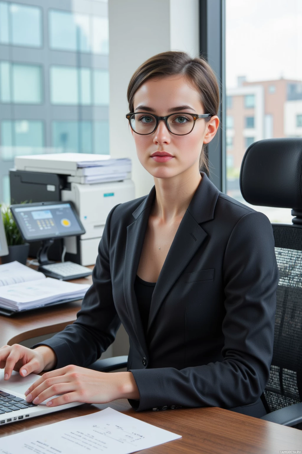 Realistic high quality photo. Short-haired black-haired woman, 34, blue eyes, fair skin, wearing a tailored business suit and stylish glasses, seated at a modern office desk with a meticulously stacked pile of files, a laptop displaying a weather forecast, a printer that has just cleared a jam, and an ergonomic chair slightly shifted, exuding a precise, calculated focus in a bright, well-lit corporate environment.