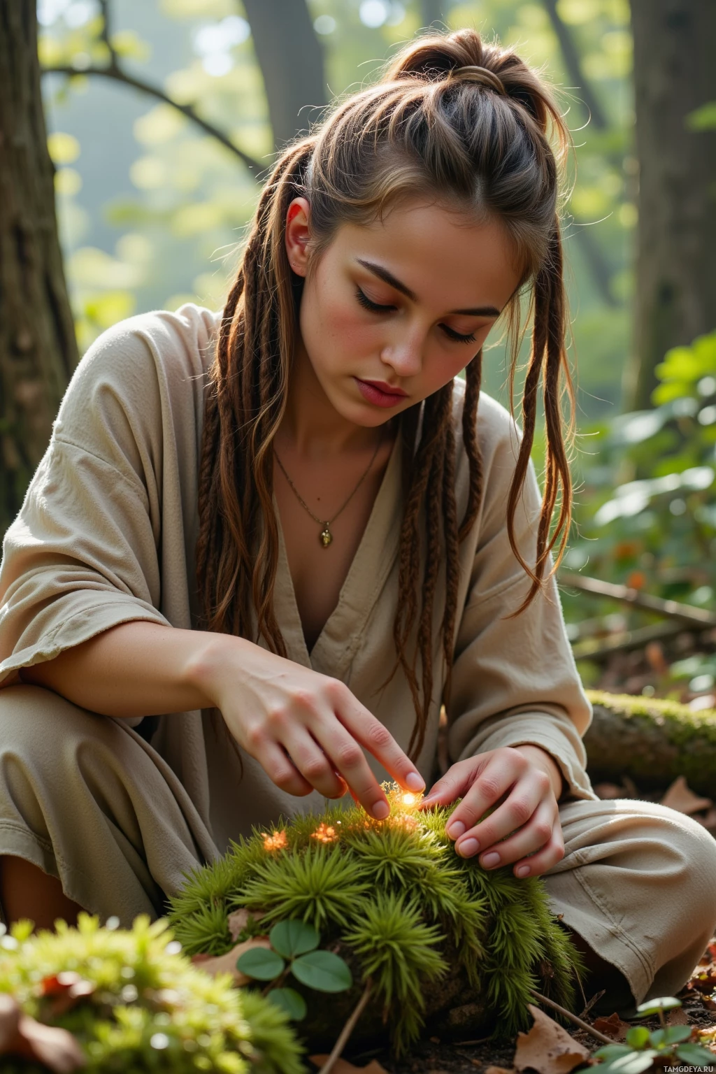 Realistic high quality photo. A woman in her early thirties with light brown dreadlocks threaded with ribbons and small bells, hazel eyes, wearing a flowing earth-toned robe and simple sandals, standing in a sunlit forest clearing, deeply focused as she traces glowing spore patterns in moss on the forest floor beneath a canopy filtering gentle morning light.