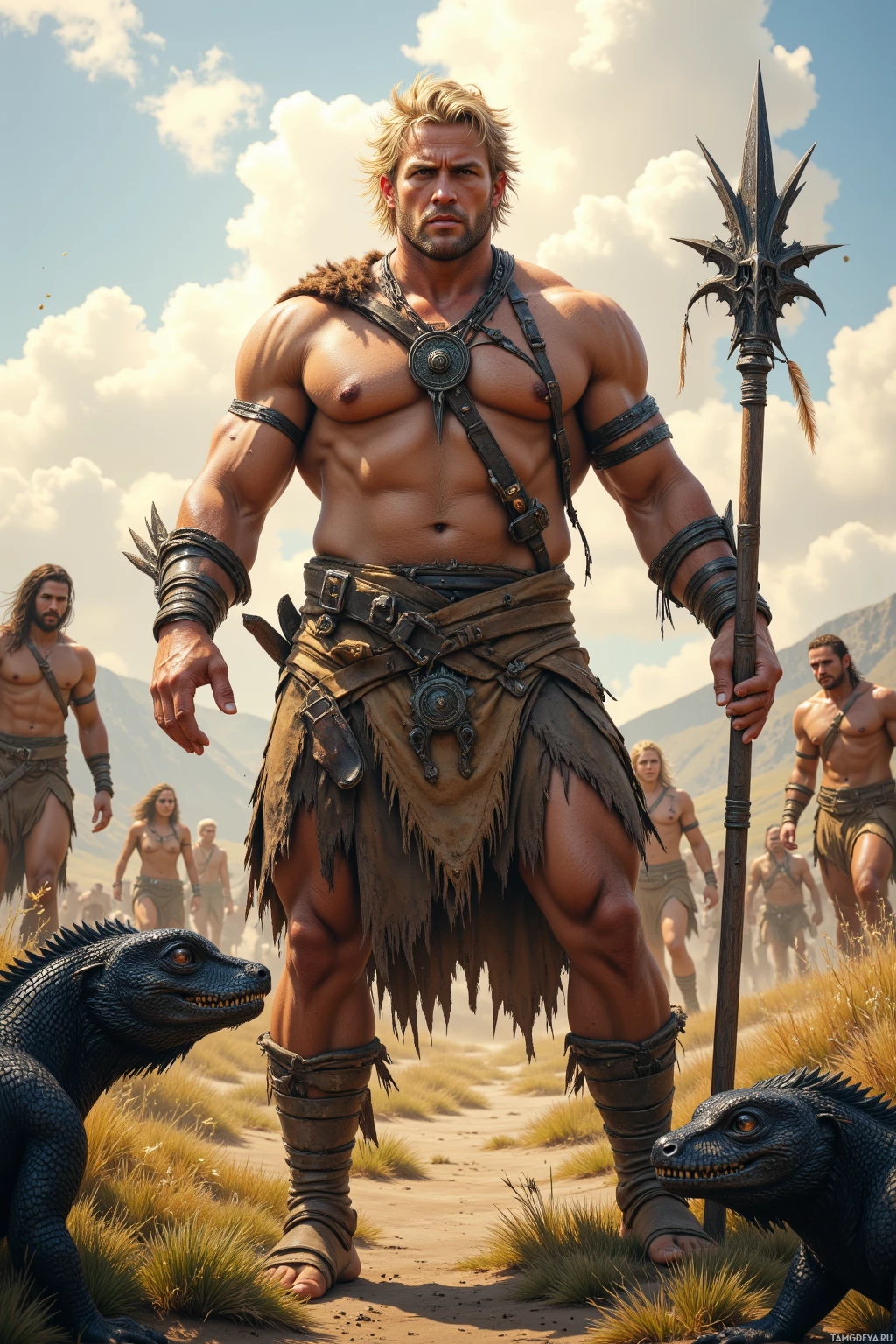 Realistic high quality photo. A broad, muscular man with messy blonde hair, piercing blue eyes, weathered skin and a strong jawline, wearing a tribal leather apron over reptilian armor adorned with bones and feathers and holding a heavy spiked club, stands on a sunlit ridge in the morning, teaching a group of young clan members how to strike with wind rhythm while their eyes light up and the air swirls around them, his fierce yet steadfast stance radiating tribal pride.