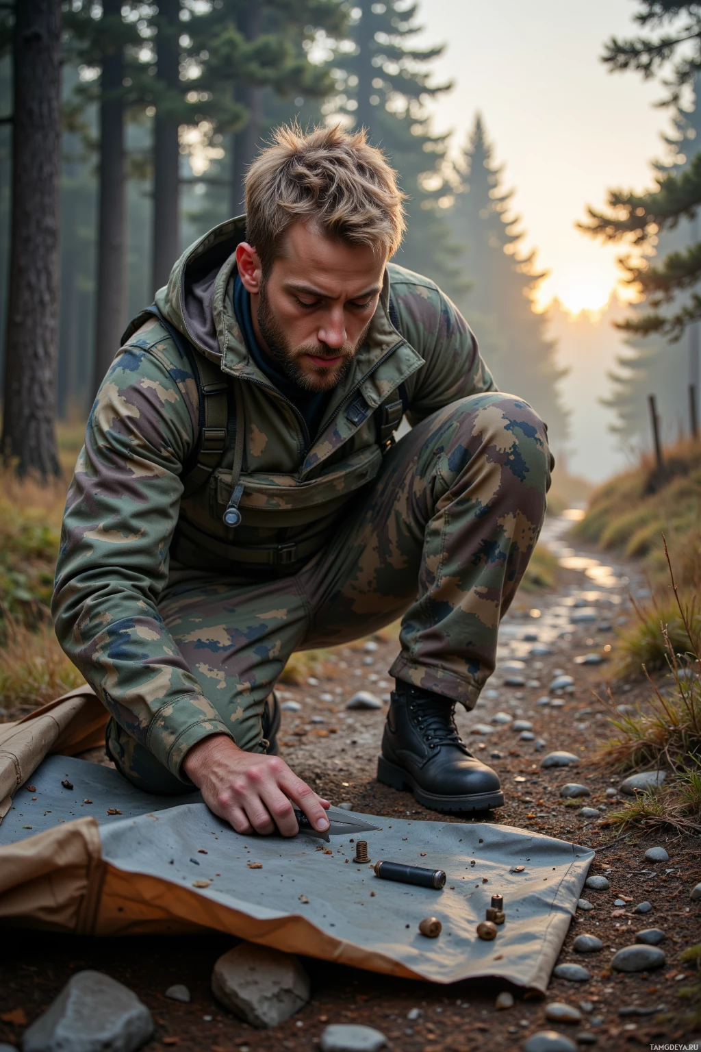 Мужчина в камуфляжной одежде присел на улице, рассматривая что-то на брезенте.