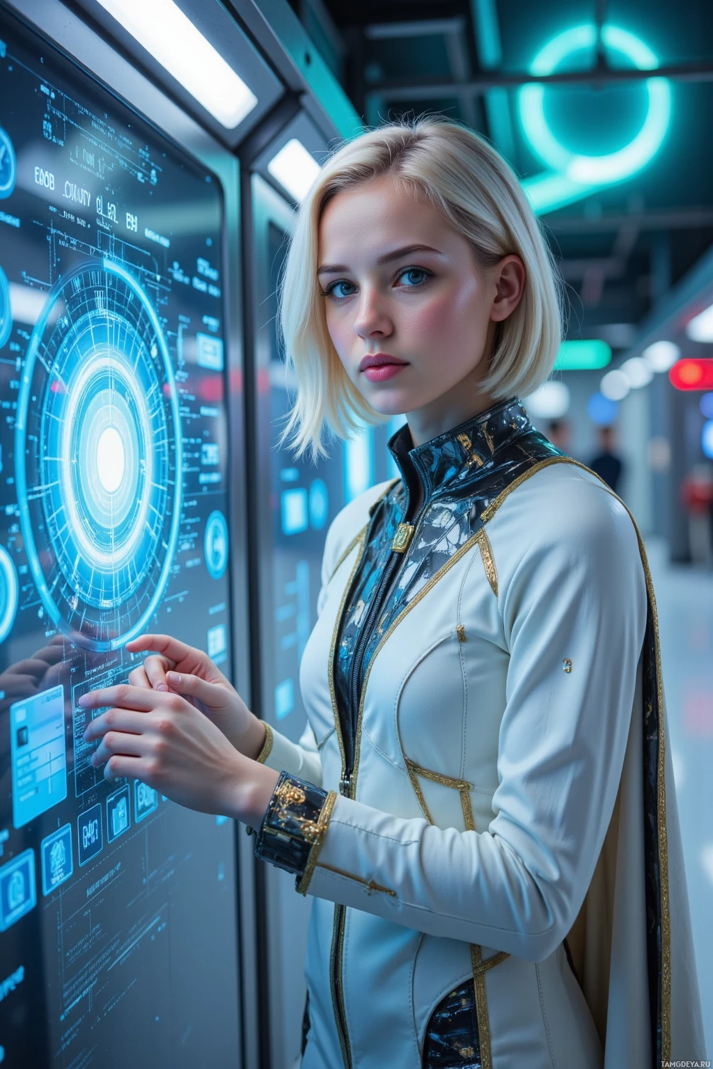Realistic high quality photo. Female 27, platinum blonde short sleek bob, bright blue eyes, fair skin, slender face with high cheekbones, wearing a metallic‑accented futuristic outfit with a flowing cape‑like element, standing in a sprawling quantum server farm under a pale blue aurora, surrounded by floating holographic screens displaying time loops and glitch code, adjusting a quantum processor with one hand while a holographic projection of a speed‑boost app glows, with the planet’s slow spin visible through a large observation window, late evening, icy atmosphere, cosmic dust drifting.
