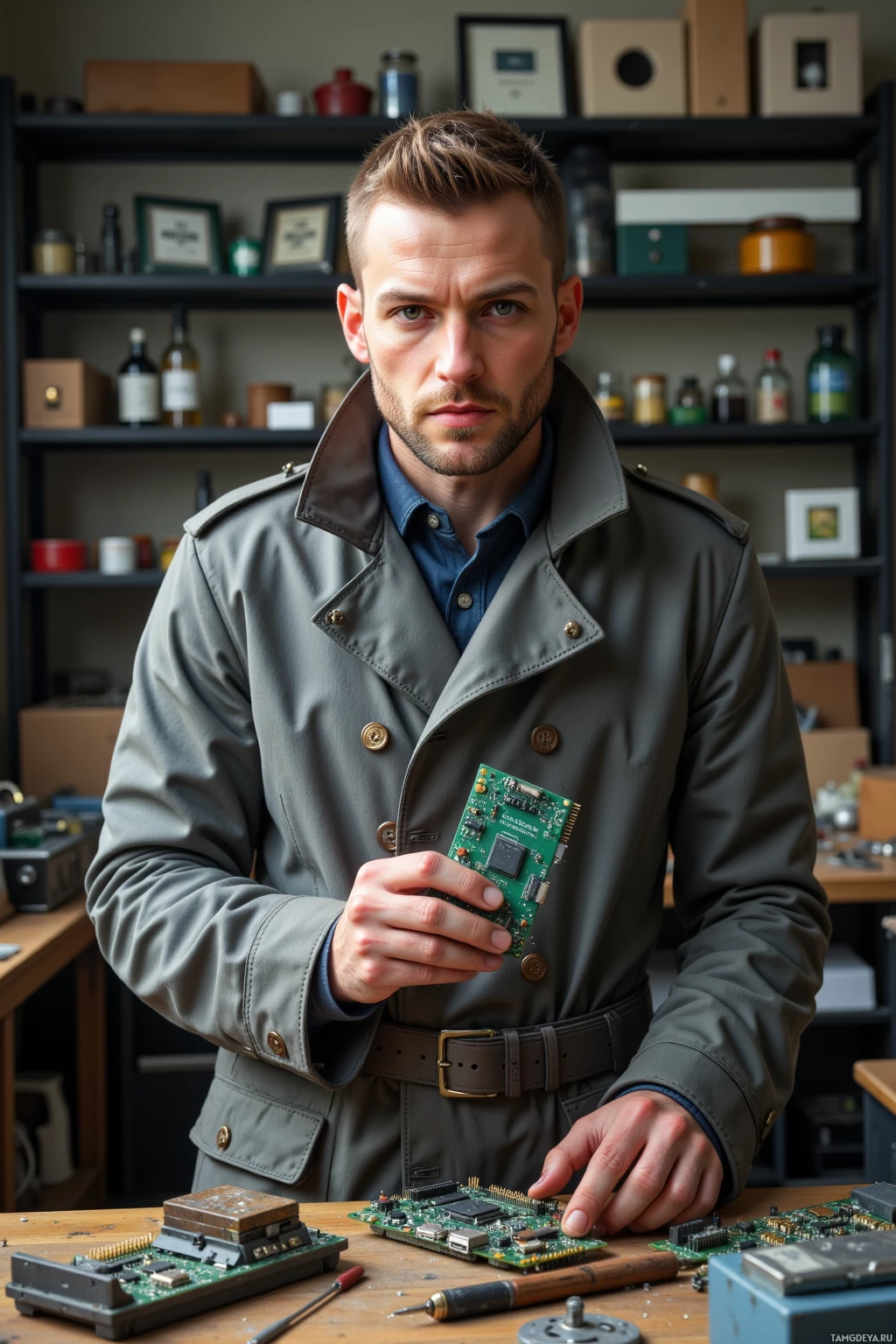 Realistic high quality photo. Man, 39, light brown hair short undercut, green eyes, wearing a reinforced gray trenchcoat with utility seams, in a morning workshop surrounded by shelves of 2GHz processors, holding a 3GHz relic microcontroller on a workbench, teaching it to count to twelve, with analog tools and dusty metal surfaces.