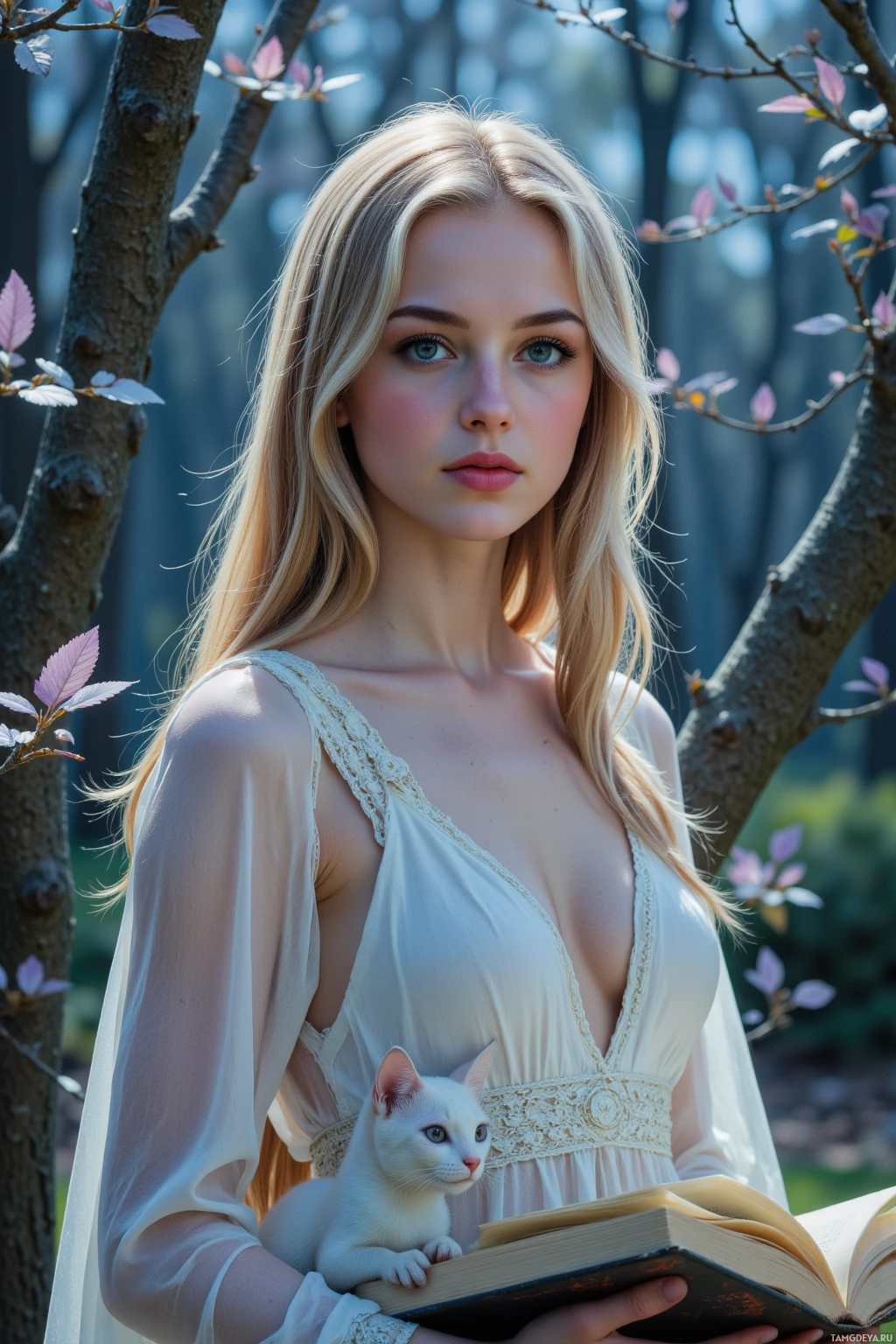 Женщина в белом платье держит книгу и белую кошку, окруженная цветущими ветвями.