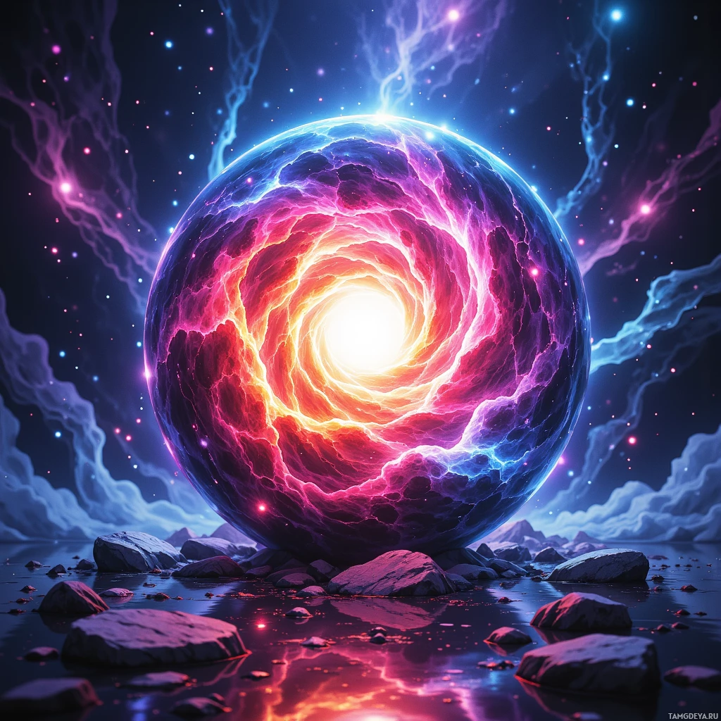 Сверкающий, красочный портал, окруженный звездами и камнями.