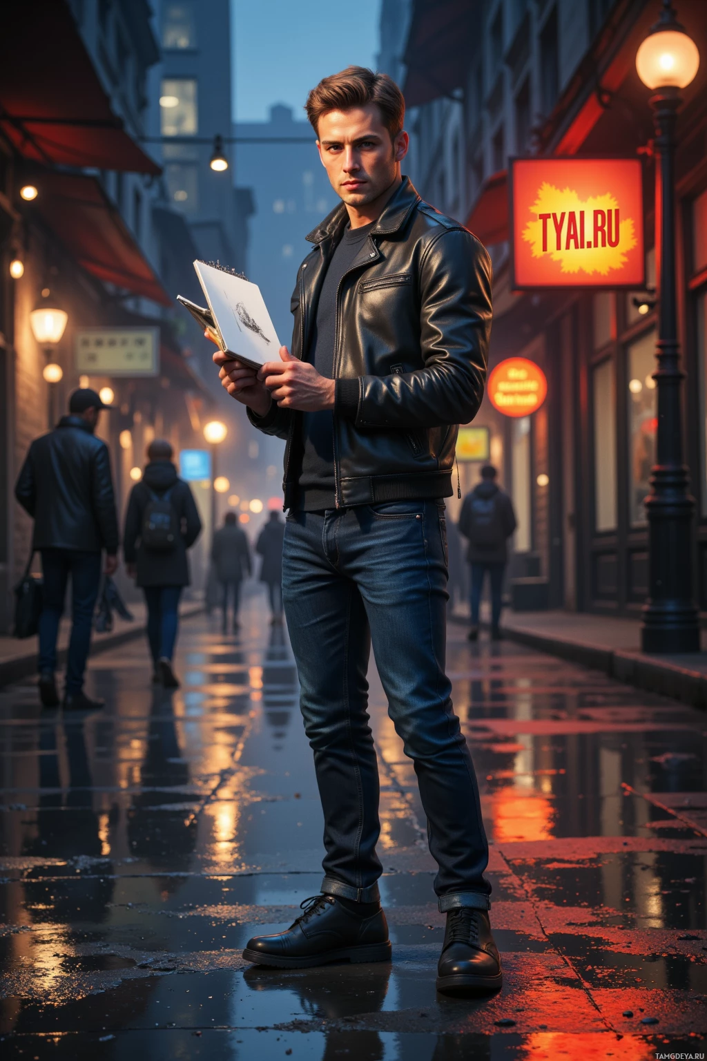 Мужчина стоит на мокрой улице на закате, держа в руках альбом для рисования, на заднем плане видна вывеска с надписью "TYAI.RU".