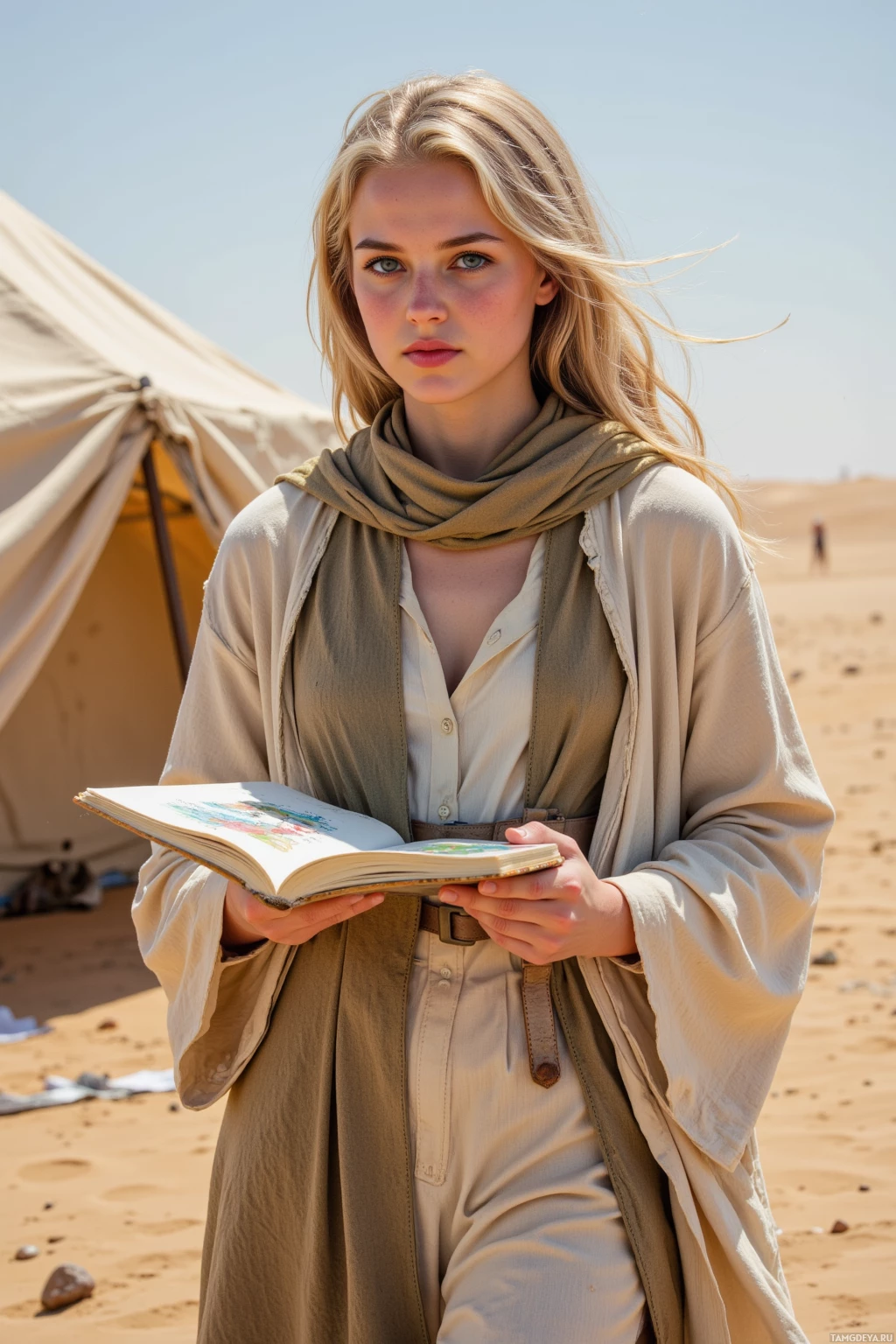 Realistic high quality photo. A 33‑year‑old woman with long, curly blonde hair, bright blue eyes, warm beige skin, high cheekbones and a small nose, wearing a flowing layered desert robe and scarf wrapped around her head, walks through an open field camp at midday, holding an ink‑stained notebook and sketching the shadow of a nearby tent while a gust of wind stirs dust, keeping a distance from a small campfire.