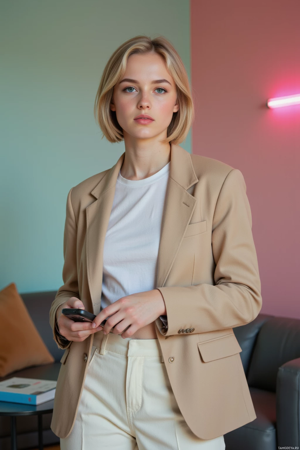 Realistic high quality photo. 29‑year‑old woman with short blonde hair, blue eyes, fair skin, wearing an oversized beige blazer, white cropped tee, wide‑legged cream trousers, standing in a studio with muted pastel walls and harsh neon streetlamp glow filtering in, holding a phone and adjusting a shot while a cobalt book sits on a coffee table, evoking a blend of order and chaos.