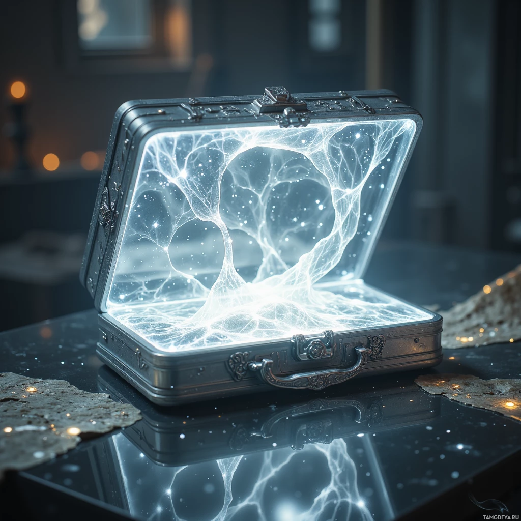 Из открытого металлического чемодана исходит светящийся, сложный узор, отражаясь в полированной поверхности.