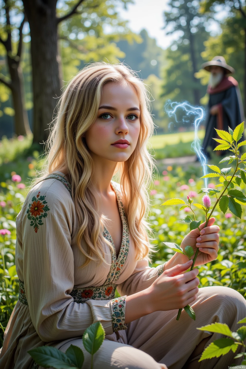 В пышном саду сидит женщина в цветочном платье, держа в руках цветок.