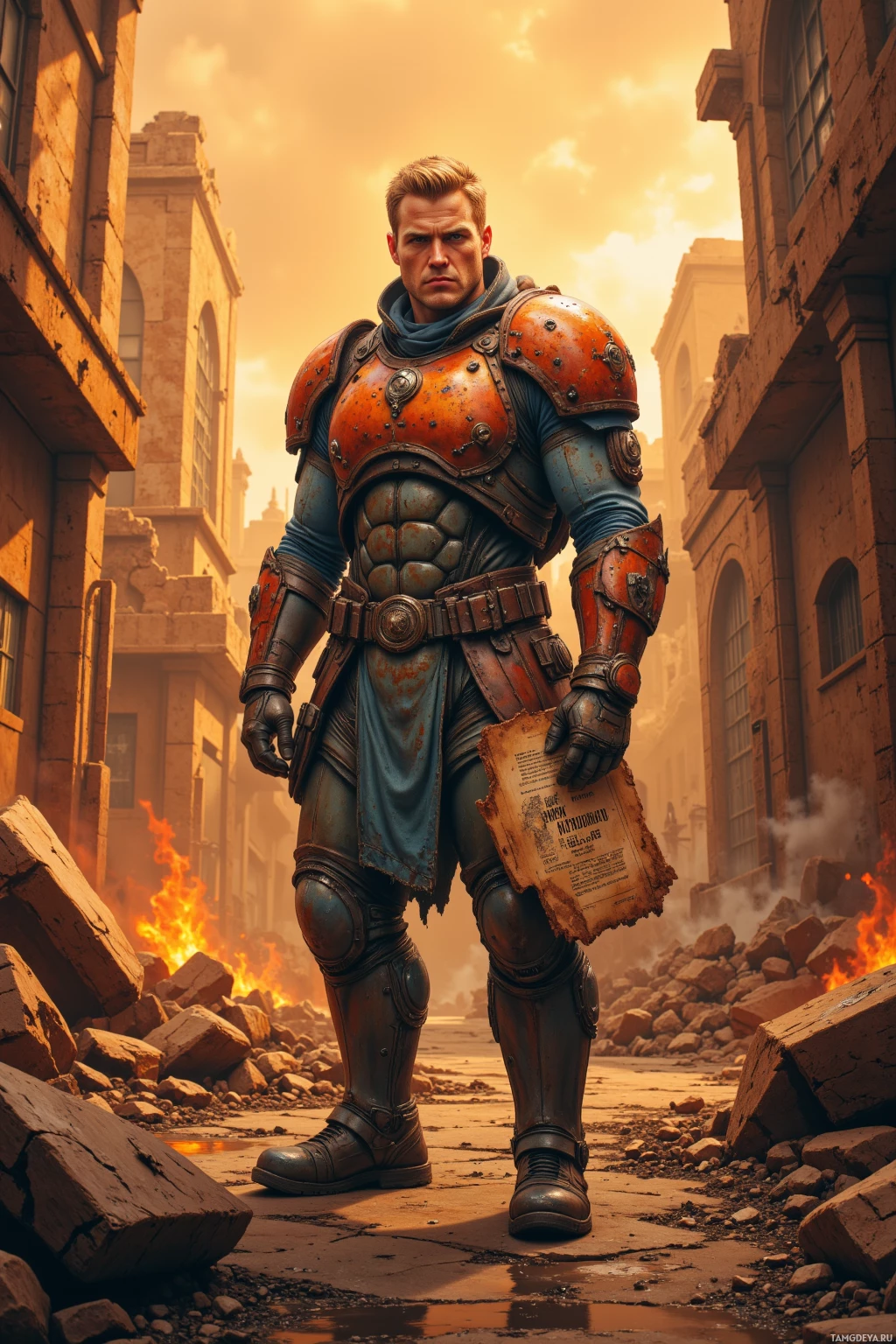 Realistic high quality photo. Tall, bulky 39‑year‑old man with blonde hair, blue eyes, pale skin, wearing worn rusted power armor and utilitarian clothing, stands amid the crumbling rusted shell of an old city rising from ash under a cracked orange sky, holding a faded manual in weathered hands, his stern posture reflecting a hardened mentor in a post‑apocalyptic wasteland.
