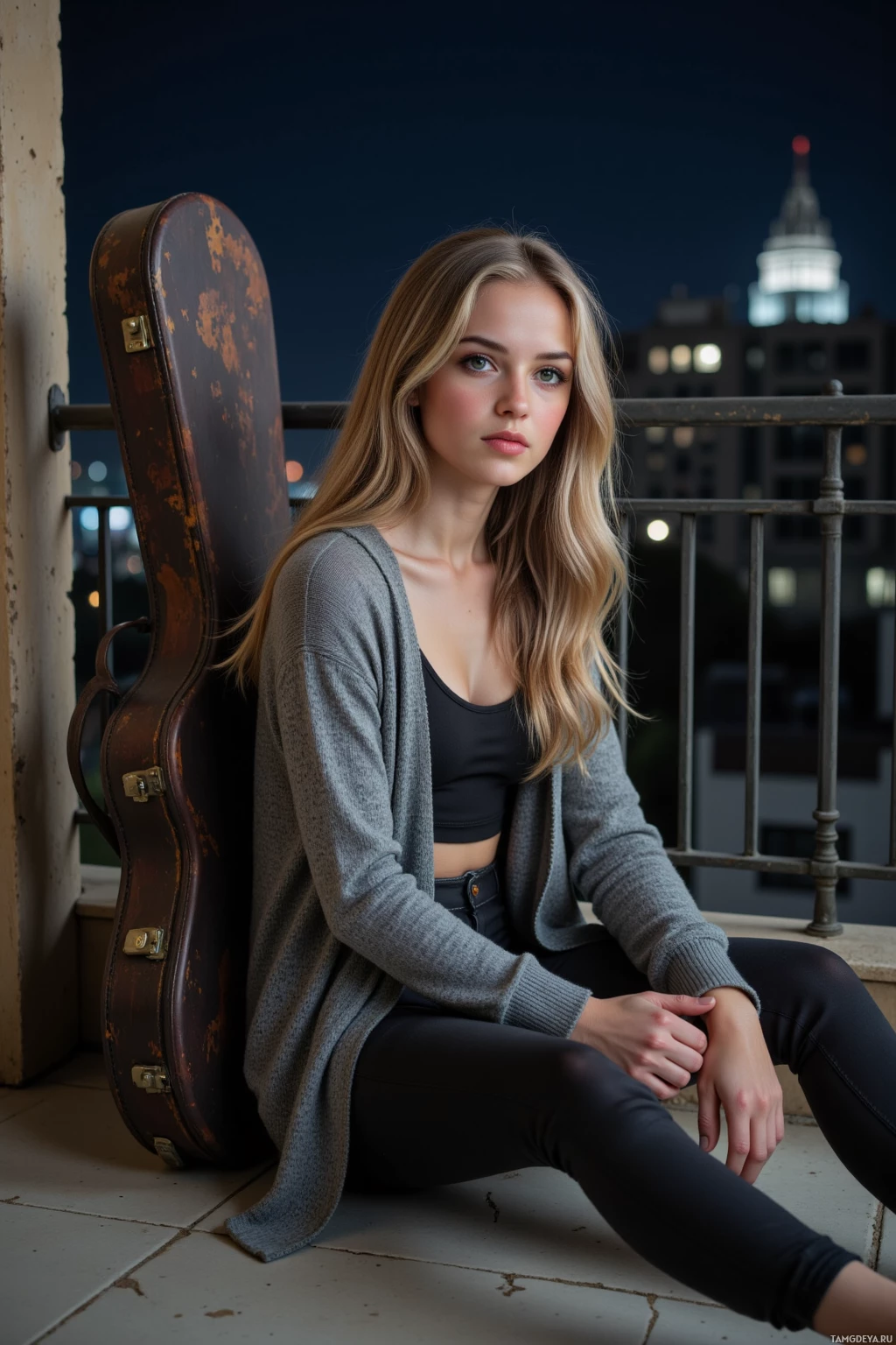 Молодая женщина сидит на балконе ночью, облокотившись на гитарный чехол, в сером кардигане и черных брюках.