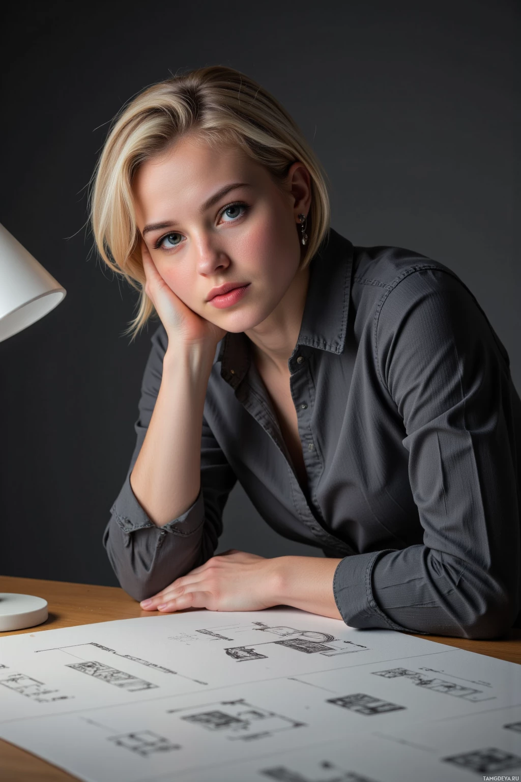 Человек в темной рубашке опирается на стол, на котором стоит лампа и лежит лист с эскизами.