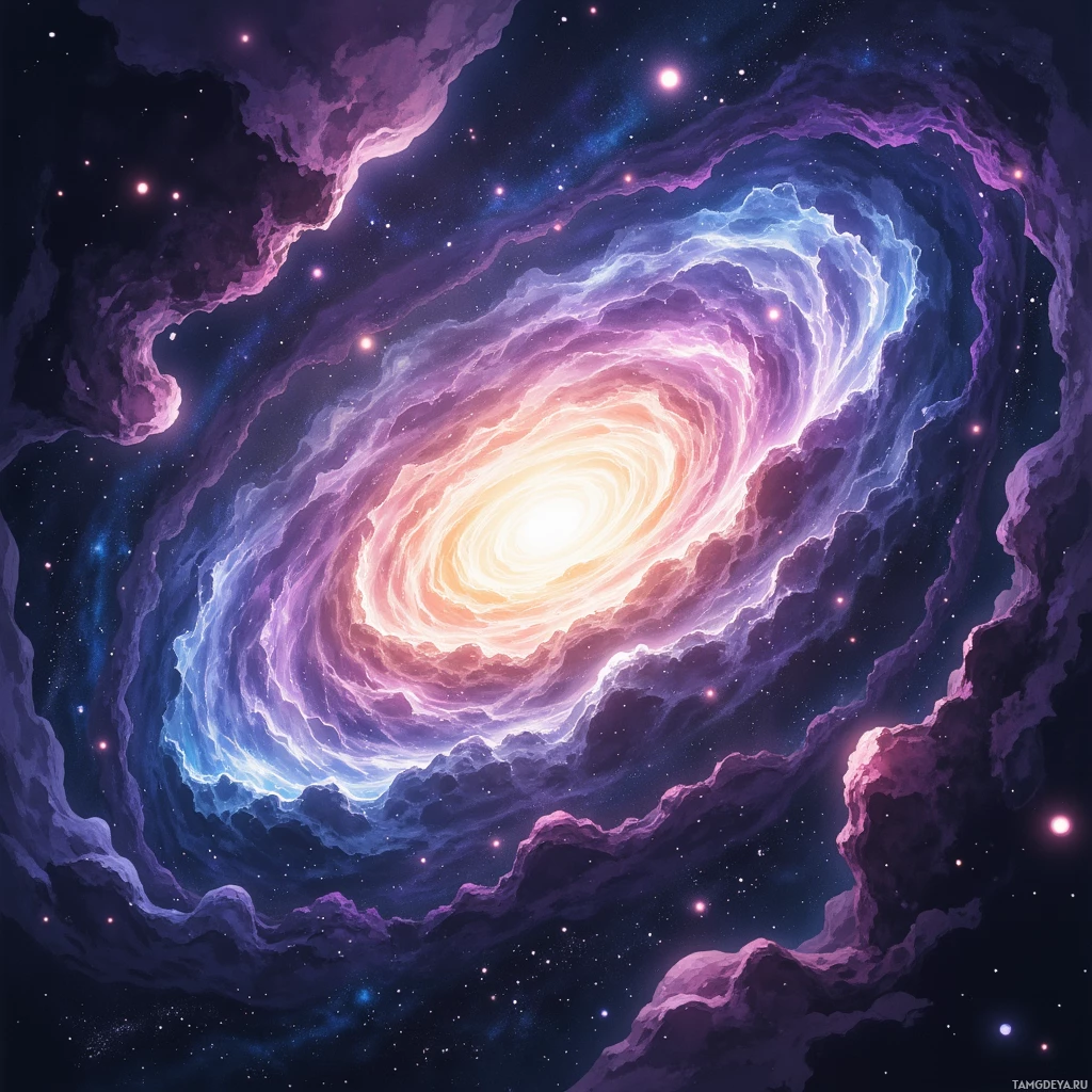 Яркая, закрученная галактика со светлым центром и окружающими туманностями, переливающимися пурпурными, голубыми и розовыми оттенками.