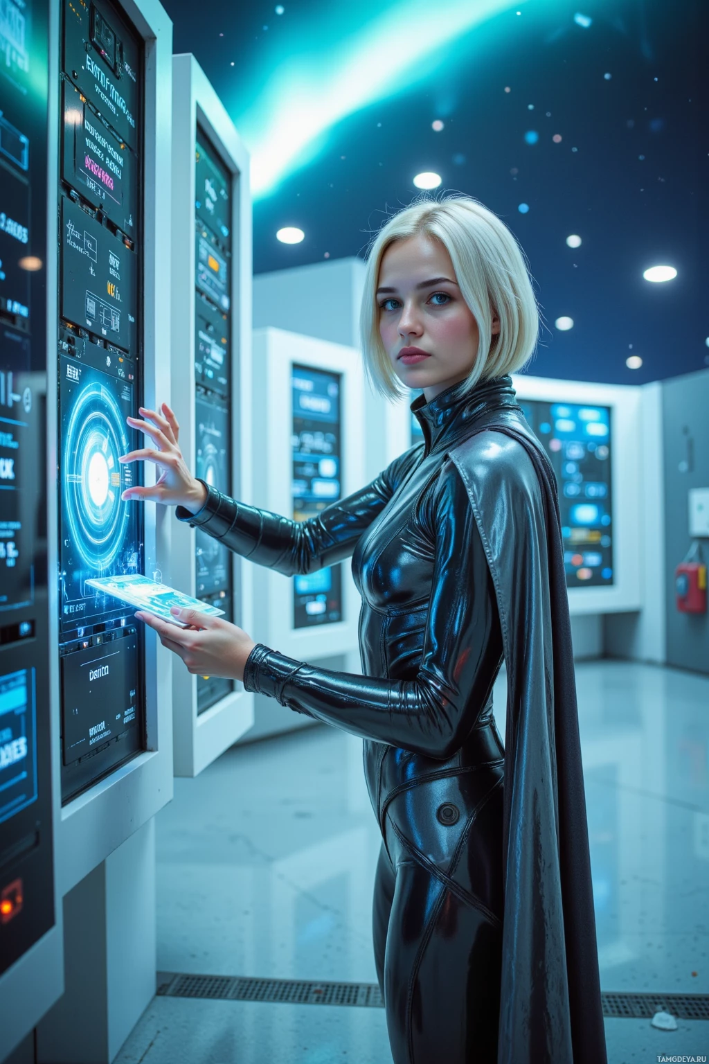Realistic high quality photo. Female 27, platinum blonde short sleek bob, bright blue eyes, fair skin, slender face with high cheekbones, wearing a metallic‑accented futuristic outfit with a flowing cape‑like element, standing in a sprawling quantum server farm under a pale blue aurora, surrounded by floating holographic screens displaying time loops and glitch code, adjusting a quantum processor with one hand while a holographic projection of a speed‑boost app glows, with the planet’s slow spin visible through a large observation window, late evening, icy atmosphere, cosmic dust drifting.