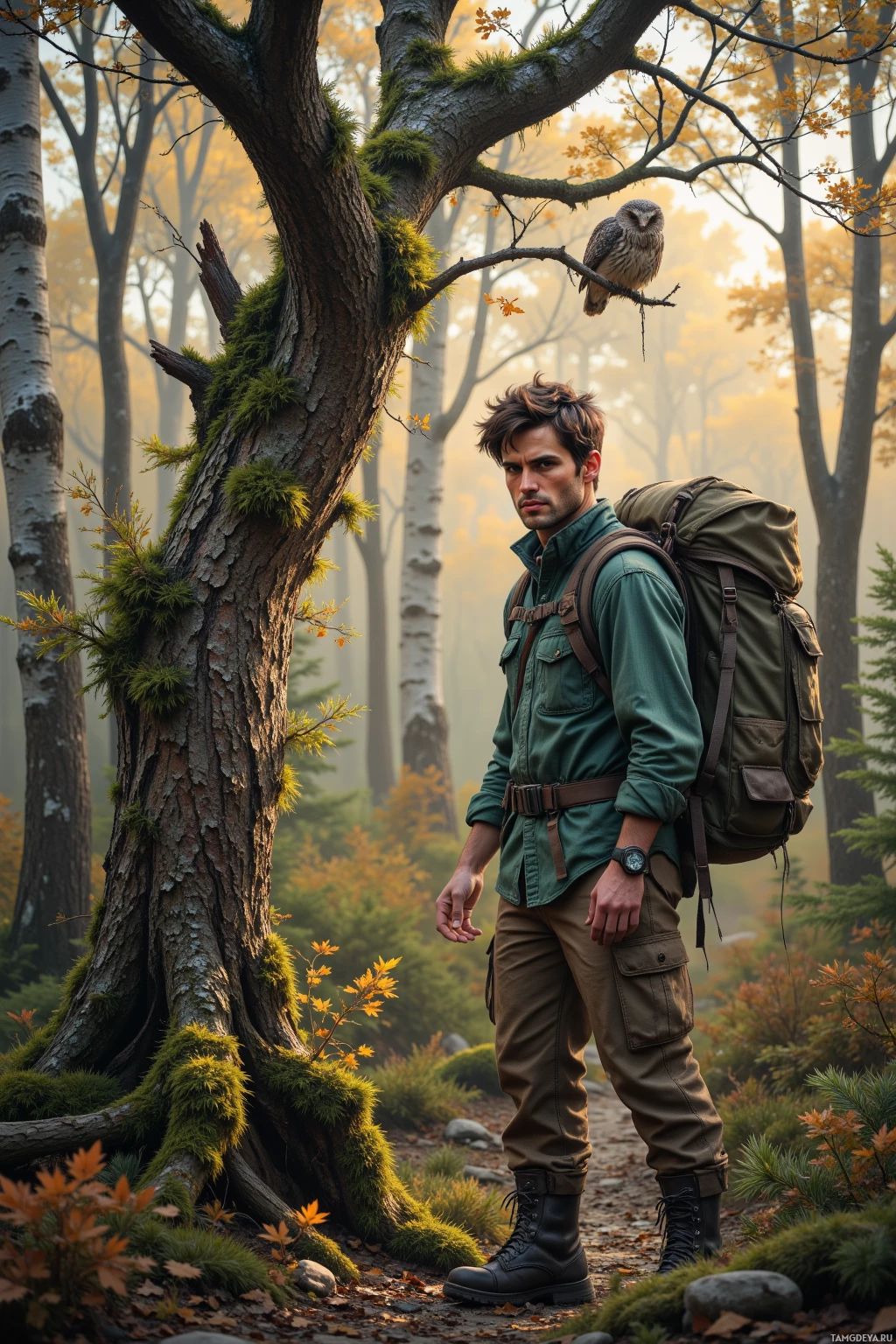 Realistic high quality photo. A 42‑year‑old rugged male forest dweller with messy earthy‑toned hair woven with twigs, piercing blue eyes, pale skin, prominent cheekbones, and a strong jawline, wearing a worn green flannel shirt, cargo pants, and a weathered backpack, stands at dawn beneath a birch canopy studying moss‑wrapped roots beside an ironwood with a silent owl perched, while a hiker’s scuffed boots mark the path and wind rustles spruce needles.