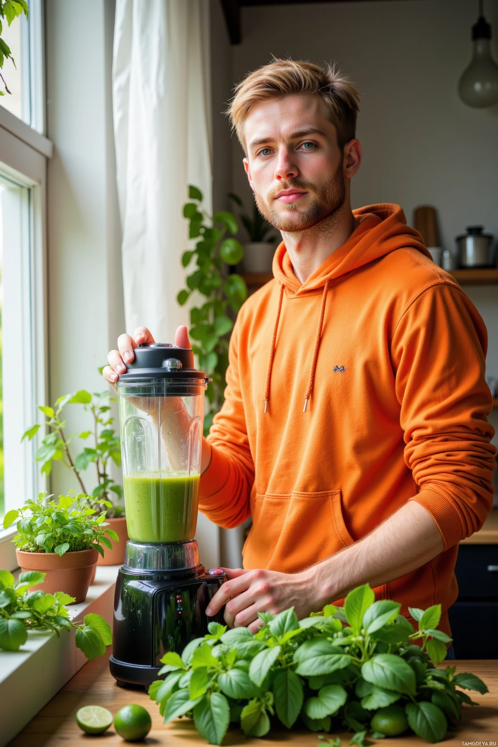 Realistic high quality photo. A relaxed 26‑year‑old man with short light blonde hair, soft blue‑green eyes, wearing a simple orange hoodie stands at a kitchen counter, blending a green smoothie while a windowsill garden of basil, mint, spinach, and cucumber ripens in the filtered morning light.