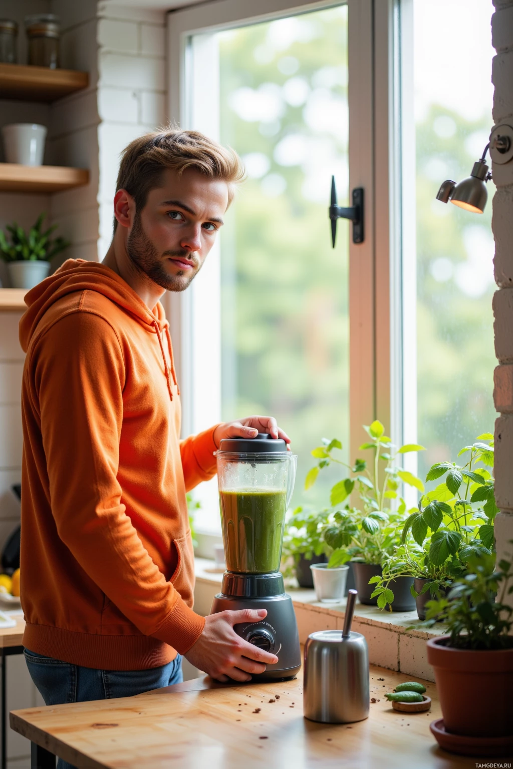 Realistic high quality photo. A relaxed 26‑year‑old man with short light blonde hair, soft blue‑green eyes, wearing a simple orange hoodie stands at a kitchen counter, blending a green smoothie while a windowsill garden of basil, mint, spinach, and cucumber ripens in the filtered morning light.