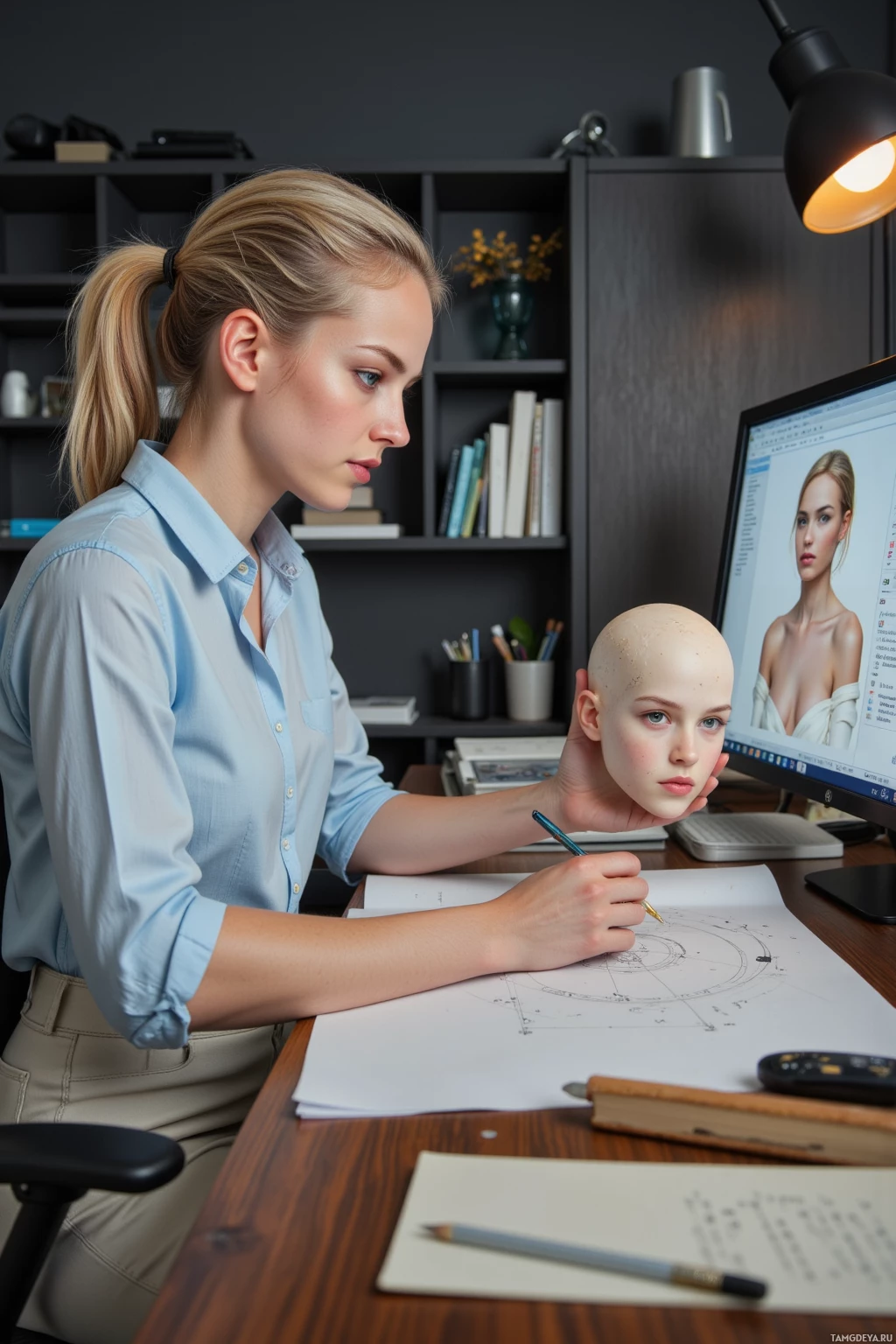 Realistic high quality photo. A 27‑year‑old woman with a neatly tied blonde bun, blue eyes, pale blue fitted blouse and high‑waisted cream trousers sits at a modern desk at 9 a.m., intensely aligning UVs on a 3D character model to a perfect lattice on dual monitors, her brow furrowed as she scrambles a new intern’s auto‑mapped sphere, surrounded by drafting tools, texture reference books, and a leather‑bound master log.