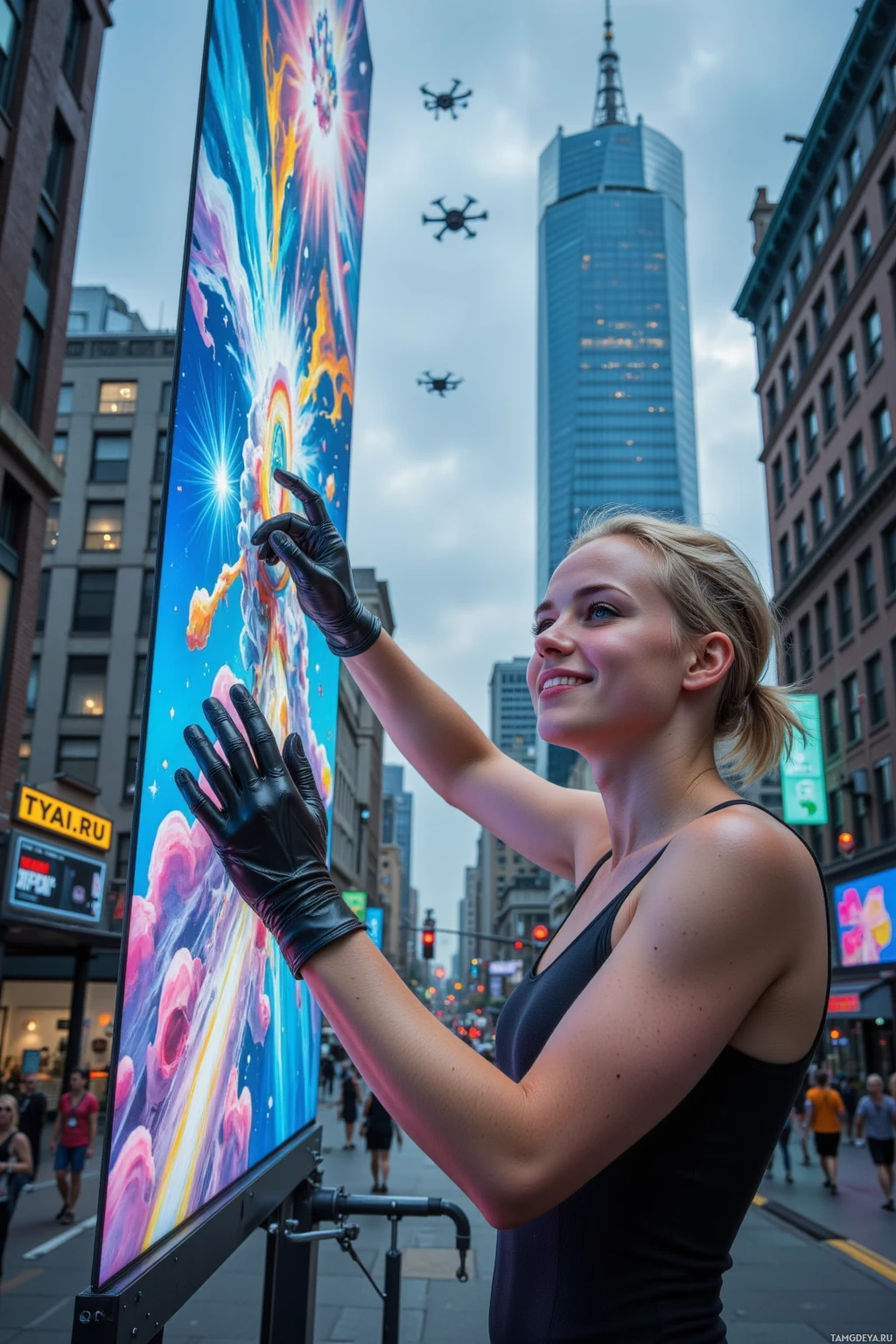 Realistic high quality photo. Female 24, blonde shaved side haircut, blue eyes, pale skin, wearing a black tank top and sleek digital art gloves, grinning as she rewires a sky‑high billboard into a pixelated manifesto, drones hovering overhead, LED glow muted into a digital coma, surrounded by an urban industrial backdrop, with a surrealist concept for her next mural projected around her.