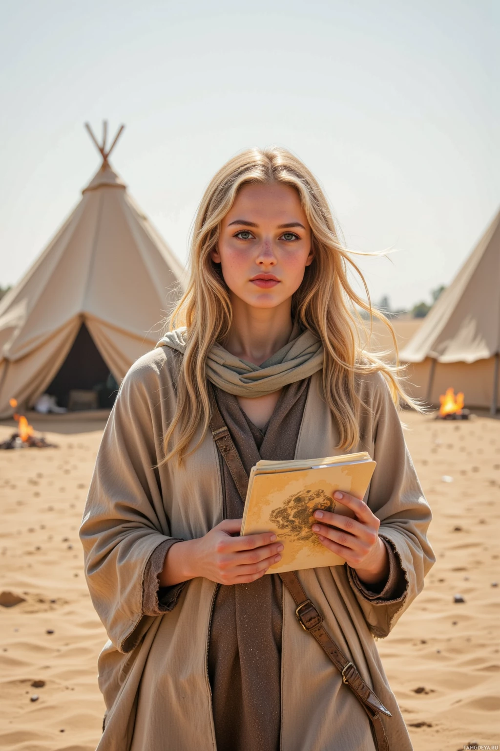 Realistic high quality photo. A 33‑year‑old woman with long, curly blonde hair, bright blue eyes, warm beige skin, high cheekbones and a small nose, wearing a flowing layered desert robe and scarf wrapped around her head, walks through an open field camp at midday, holding an ink‑stained notebook and sketching the shadow of a nearby tent while a gust of wind stirs dust, keeping a distance from a small campfire.