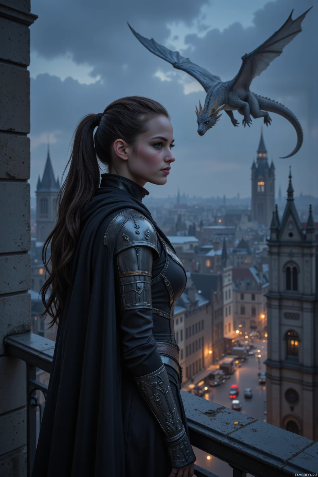 Realistic high quality photo. Slender night elf assassin, female, dark hair in a tight ponytail, emerald eyes, wearing sleek black armor embroidered with silver patterns and a flowing shadowy cloak, standing on a dimly lit city rooftop at night, watching a silver-scaled dragon glide over the muted streets below, her cloak blending into the darkness as she smiles quietly.