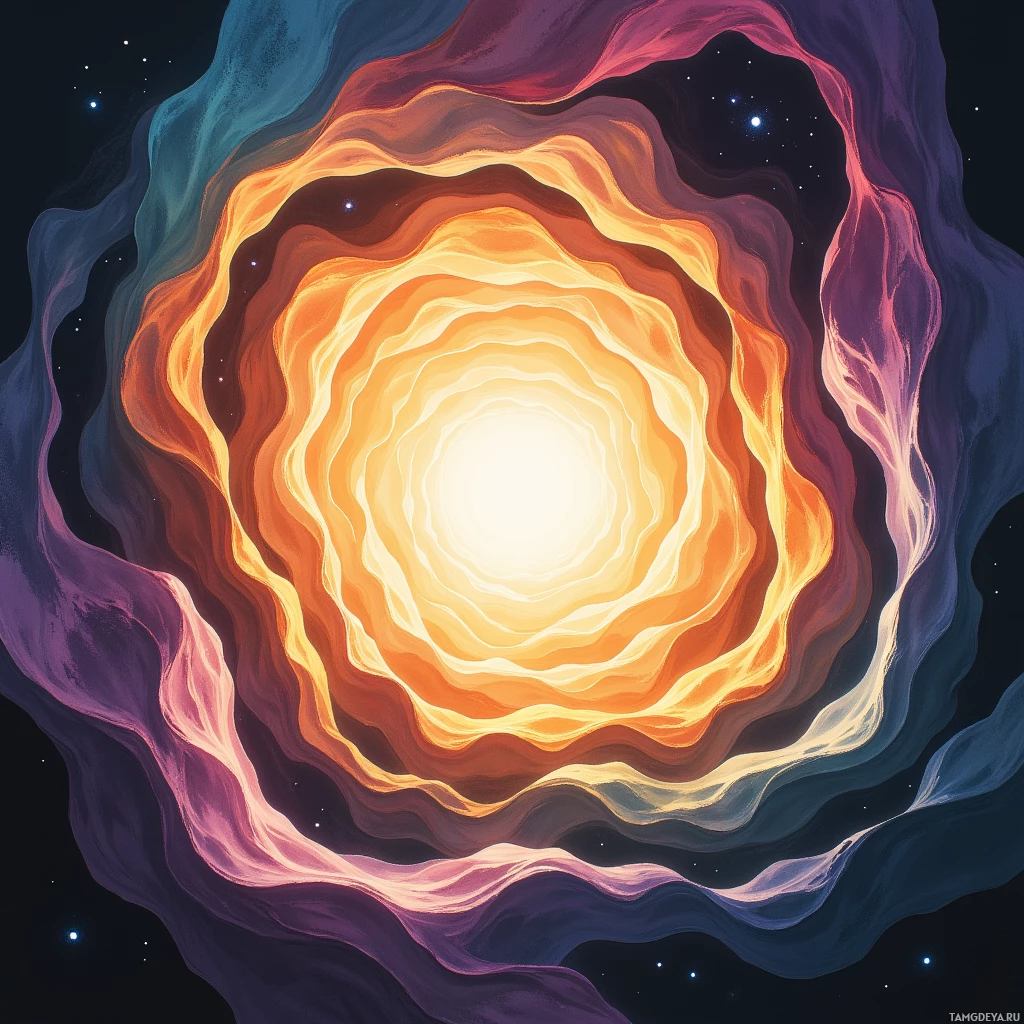 Яркий, закрученный космический вихрь с концентрическими кольцами оранжевого, жёлтого и пурпурного цветов на тёмном звёздном фоне.
