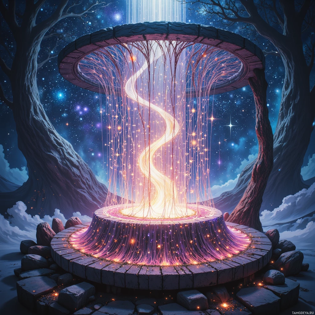 Мистический портал, окутанный светящимися нитями, на фоне ночного звездного неба.