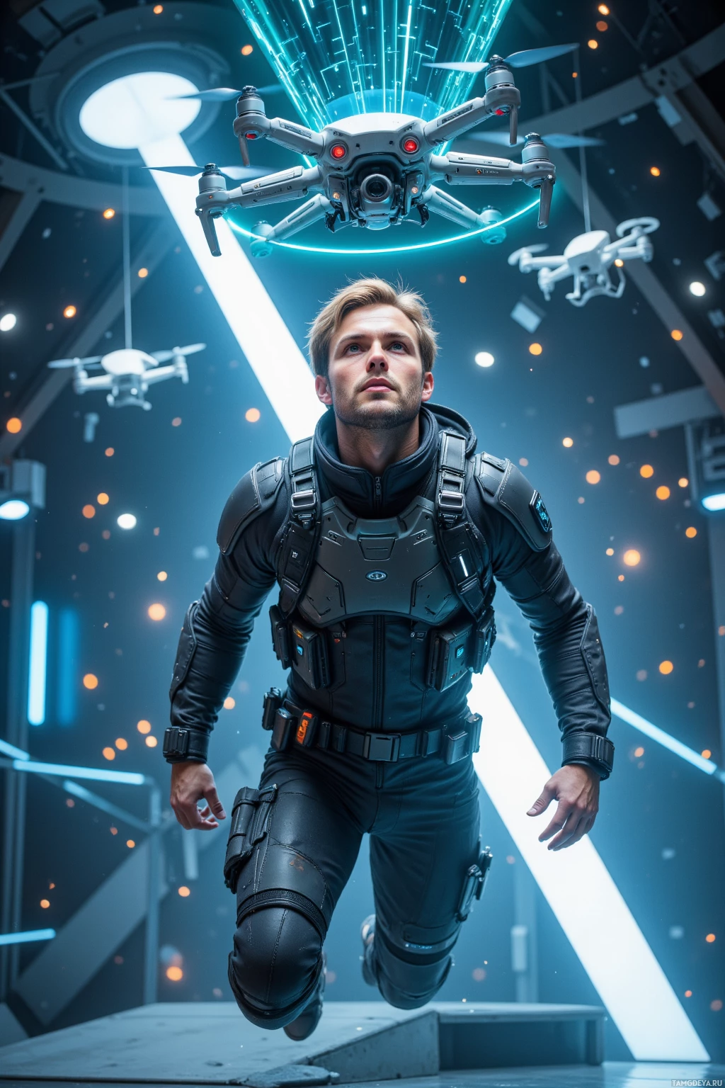 Realistic high quality photo. Short light brown-haired, blue-eyed man in sleek tactical gear with neon accents floats in a zero‑gravity drone arena, intently dissecting a drone's micromovement amid hovering drones and holographic data, posture rigid and focused.