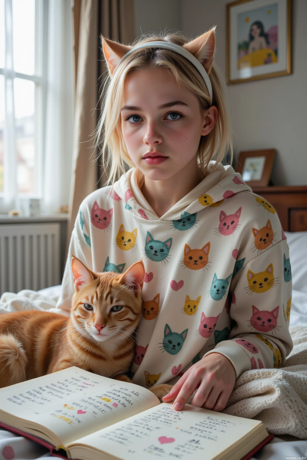 Realistic high quality photo. Cozy bedroom at morning light filtering through curtains, a young woman (25, short messy blonde hair, sleepy blue‑green eyes, pale freckles, wearing a cat‑printed hoodie and cat‑ear headband) sits on a bed with a cat curled beside her, an open notebook on her lap filled with chaotic doodles and heart emojis.