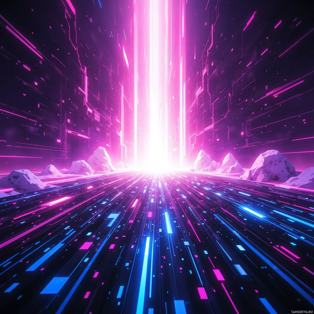 Футуристический пейзаж, залитый неоновым светом с переливающимися линиями и светящимися конструкциями.