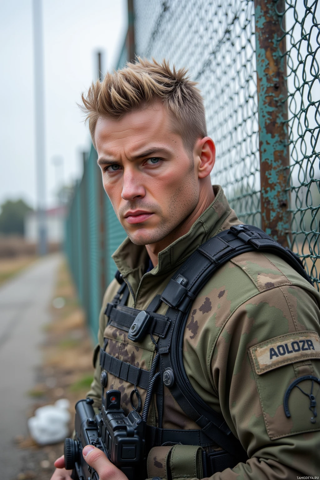 Realistic high quality photo. Muscular 32‑year‑old male with short blonde hair, piercing blue eyes, pale skin, wearing tactical gear, standing on a security perimeter fence at a military base, scanning for weak points, focused and serious, daylight.