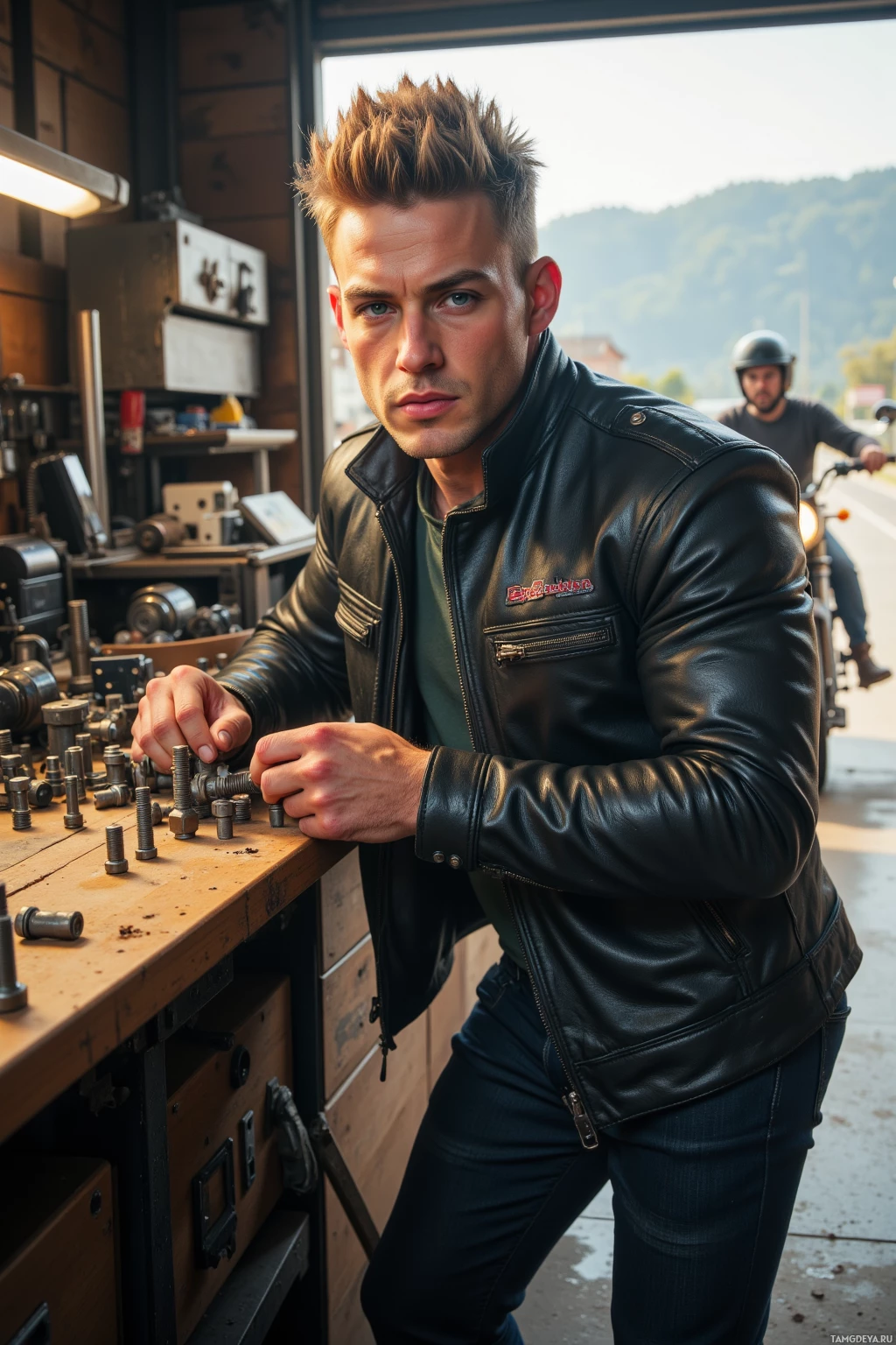 Realistic high quality photo. A muscular 34‑year‑old mechanic with short blonde hair and blue eyes in a fitted black leather jacket and dark jeans tightening motorcycle bolts on a garage workbench, then riding his motorcycle down a sunny highway with his crew laughing behind him, exuding a no‑nonsense, stubborn work ethic.