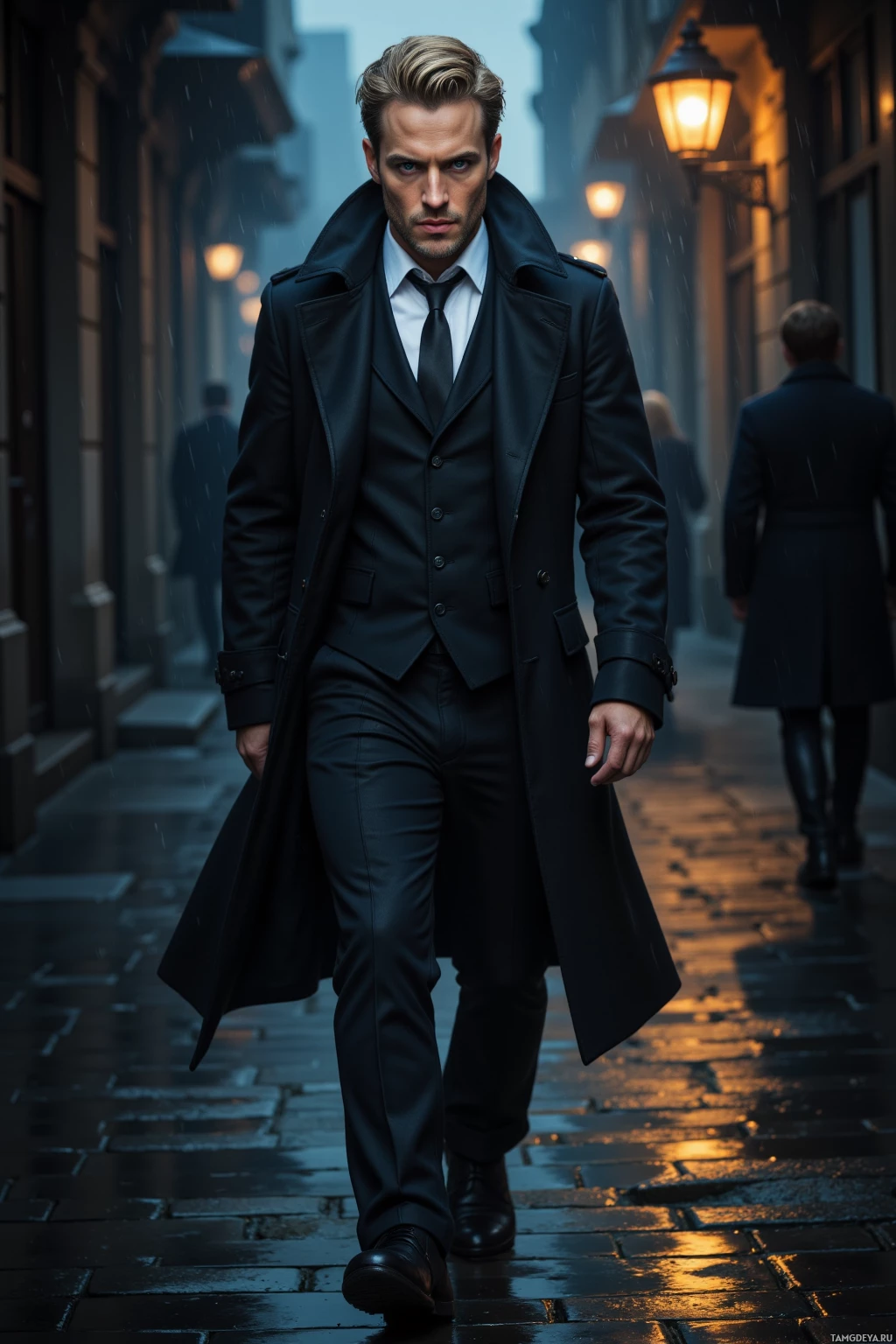 Realistic high quality photo. Male, 35, tall, slicked-back blonde hair, piercing blue eyes, pale complexion, intense look, wearing a tailored black trench coat over crisp white shirt and black tie, walking through a rain‑slick alley at midnight, clutching a notebook, shadows loitering around, flickering street lamps casting harsh light on wet cobblestones, brooding noir detective mood.