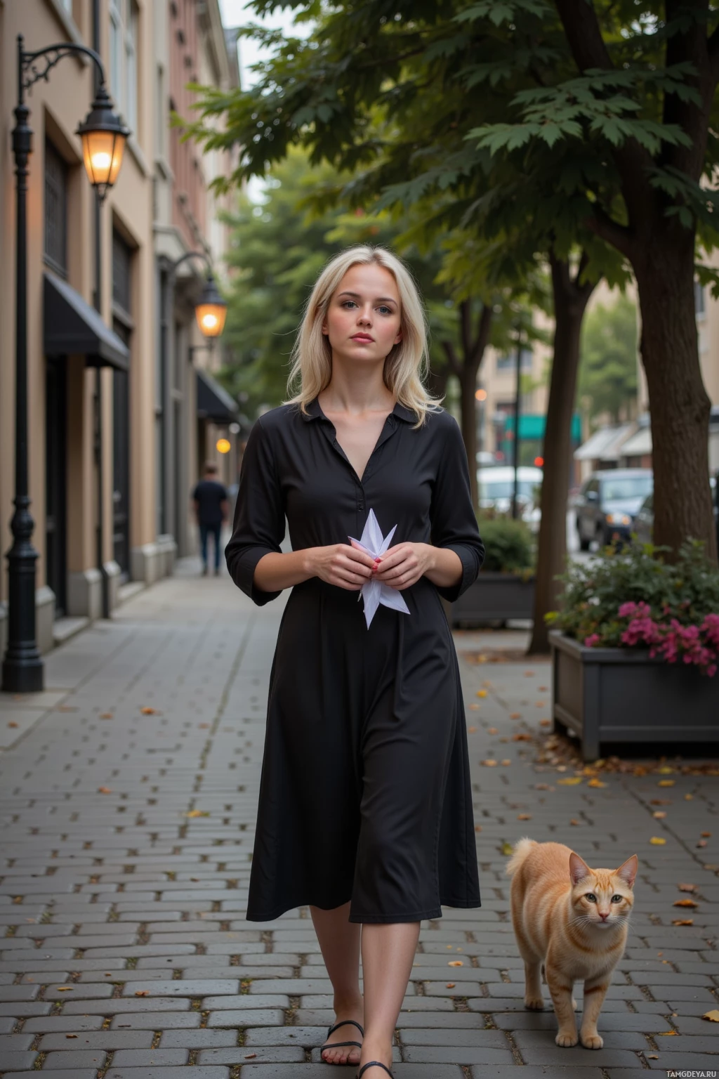 Realistic high quality photo. A 22‑year‑old woman with platinum blonde hair and fair skin, wearing a simple black dress, walking down a quiet cobblestone street in the late afternoon, holding a handful of folded paper cranes, a stray cat curled beside her, trees with rustling leaves, and a warm streetlamp glow illuminating her thoughtful face, with the city hum in the background.