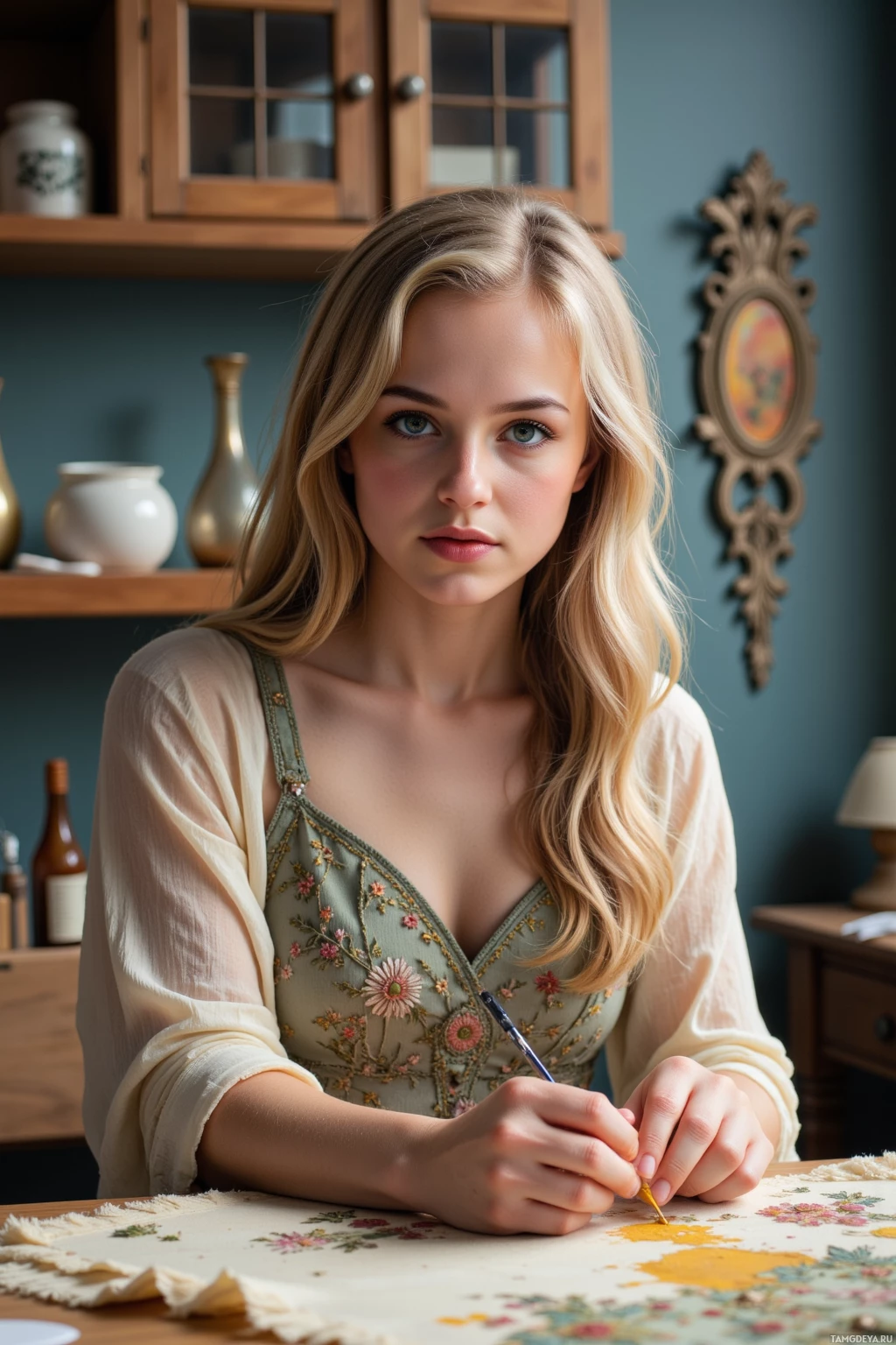 Realistic high quality photo. Morning light pours into a modern restoration studio where a 40‑year‑old woman with long curly blonde hair, blue eyes, refined features, wearing a vintage‑inspired embroidered dress, sits at a desk with fraying silk edges, tracing worn seams of a faded tapestry with a needle and applying amber dye, her fingers tense and focused amid tools and soft shadows.