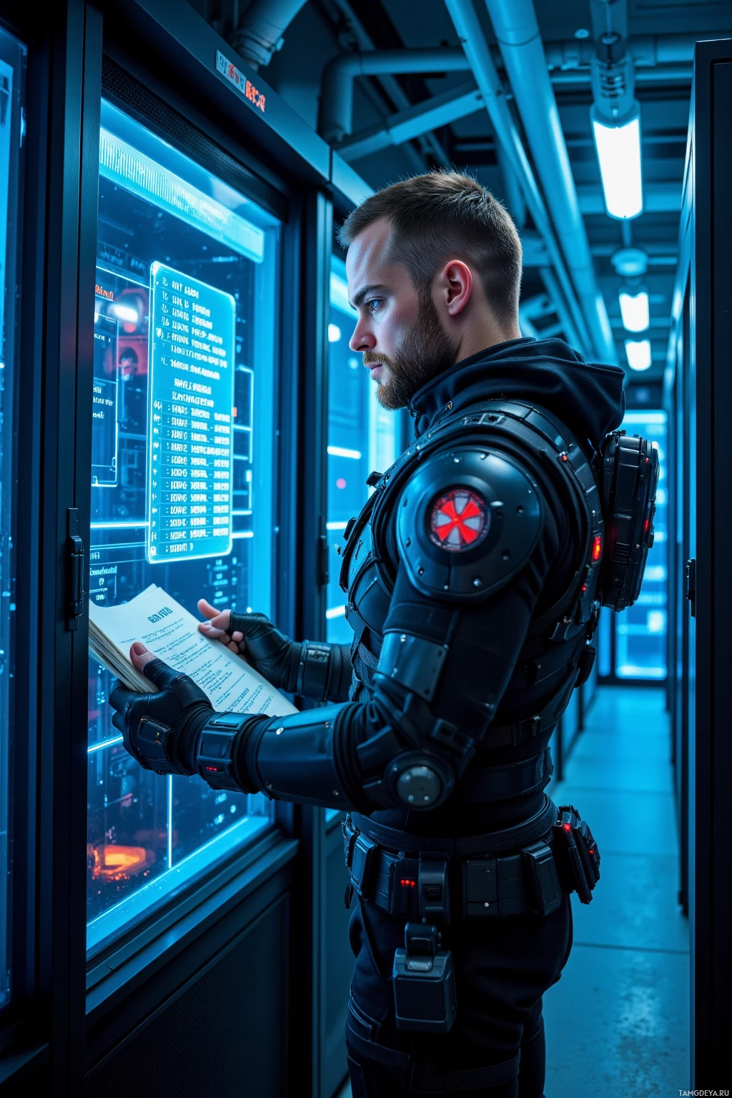 Realistic high quality photo. Male, 30, light brown buzz cut, blue eyes, black tactical armor with neon accents, reinforced combat boots, standing at a console in a sterile high‑tech data center, reviewing a glitch in firewall logs on a holographic display, holding a ledger, surrounded by humming server racks under cold blue lighting, late night, calm focused expression.