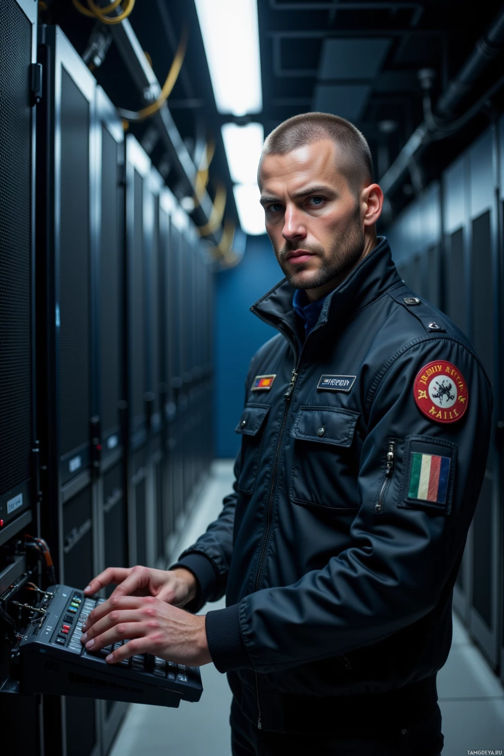 Realistic high quality photo. Man, 24, buzzcut, piercing blue eyes, athletic build, wearing a sleek pilot jacket, standing in a dimly lit server room with rows of humming servers, typing on a keyboard, focused expression, slight frown, late-night atmosphere, cables and blinking indicator lights.