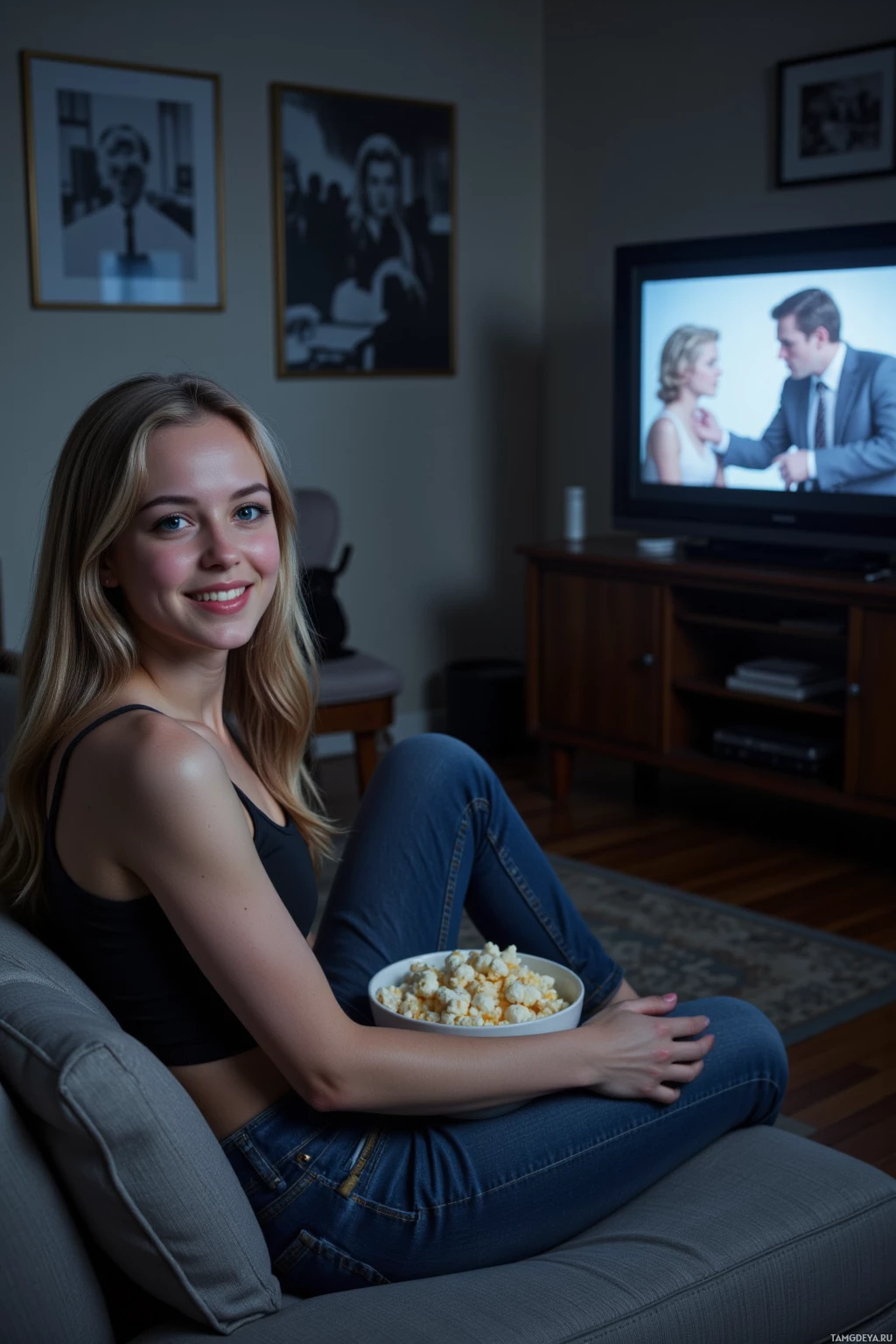 Realistic high quality photo. 27-year-old woman with long blonde hair and bright blue eyes in a fitted casual top and blue jeans, sitting on a sofa in a dimly lit apartment living room at night, watching a 1950s B movie on a small TV while a cat sits on a nearby chair, a stack of film reels on the wall, she holds a bowl of popcorn and smiles with a rebellious grin.