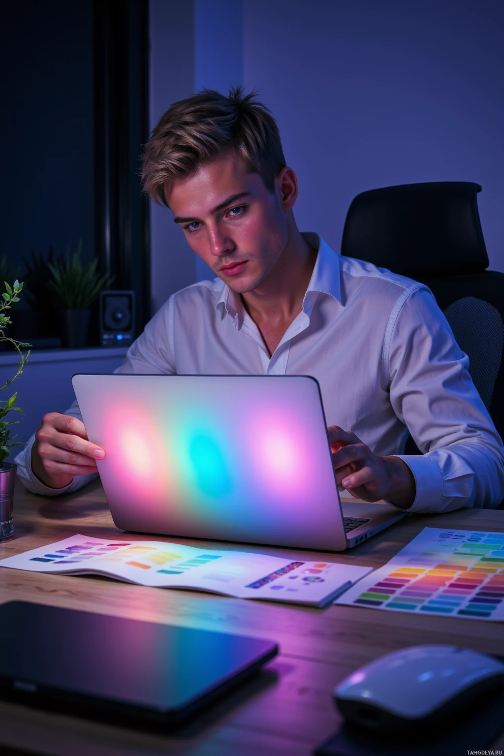 Realistic high quality photo. A 24‑year‑old man with short light‑blonde hair, piercing blue eyes, pale skin, wearing a pastel white shirt and sleek black pants, sits at a midnight‑lit home office desk, arranging color swatches in precise 12:12 alignment around a glowing laptop, adjusting a gradient while vibrant pink, teal, and lilac hues shift across the space.