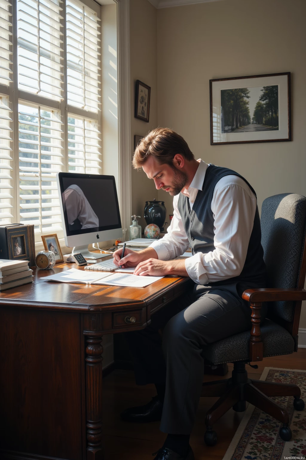 Realistic high quality photo. A 39‑year‑old man with light brown hair, blue eyes, wearing a buttoned white shirt under a gray vest and tailored trousers, sits at a morning‑lit desk with mullioned blinds casting striped light, meticulously aligning a stack of monochrome volumes beside a rug while annotating a photograph on a monitor, a single mismatched frame hanging on the wall creating a subtle visual paradox.