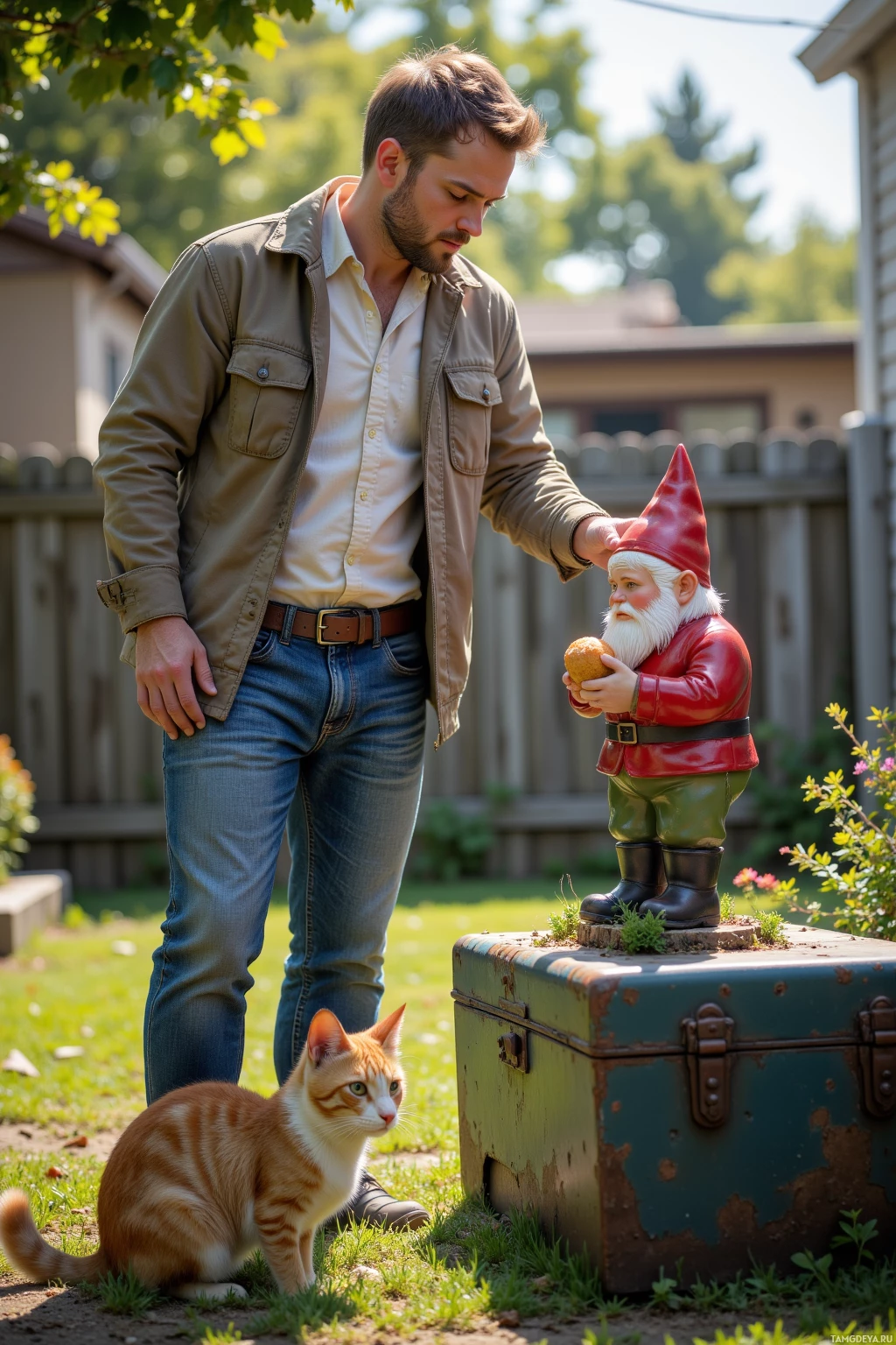 Realistic high quality photo. A 29‑year‑old man with short light brown hair, soft green eyes, fair skin, wearing a light shirt, jeans, and a casual jacket, calmly stands in a suburban backyard beside an old toolbox with a squeaky hinge, gently tapping a garden gnome while a small cat crouches nearby clutching a sandwich and a curious neighbor child watches in late afternoon light.