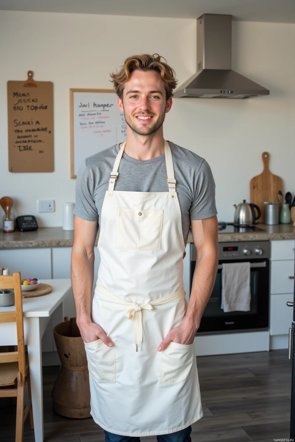 Realistic high quality photo. Man, 27, messy blonde curls, bright blue eyes, warm pale skin, friendly expression, wearing a white apron over a gray t‑shirt and dark jeans, standing in a modern living room turned zen space with a whiteboard of notes on the wall, a kettle whistling on a stove, a phone buzzing on a side table, and a partially stocked fridge, morning light streaming in.