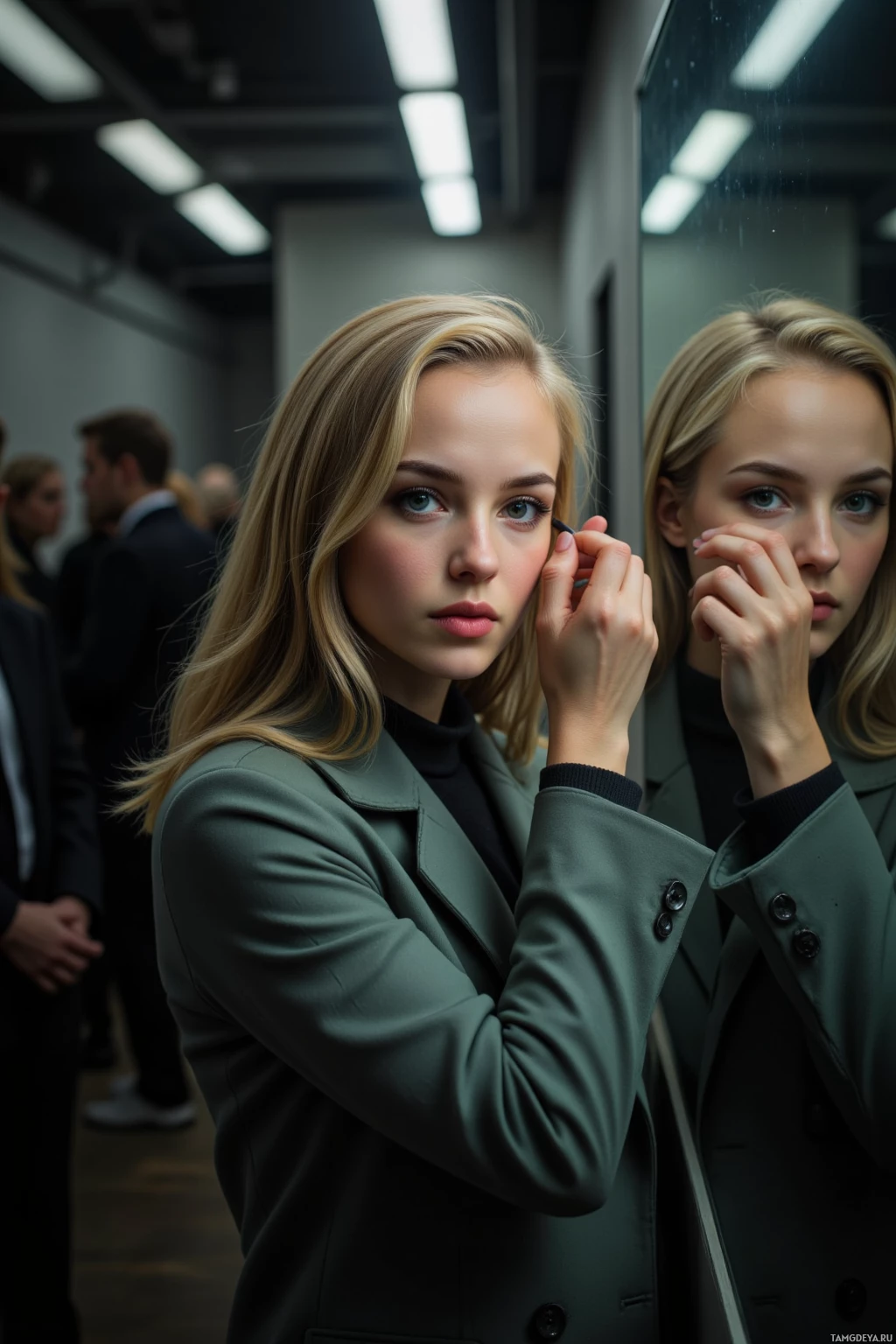 Realistic high quality photo. Female, 35, light blonde waves, cool blue eyes, alabaster skin, wearing a structured vintage coat, standing in a dimly lit backstage hallway with mirrored walls, tripping over her reflection as she applies eyeliner, poised with a hint of internal conflict, late evening.