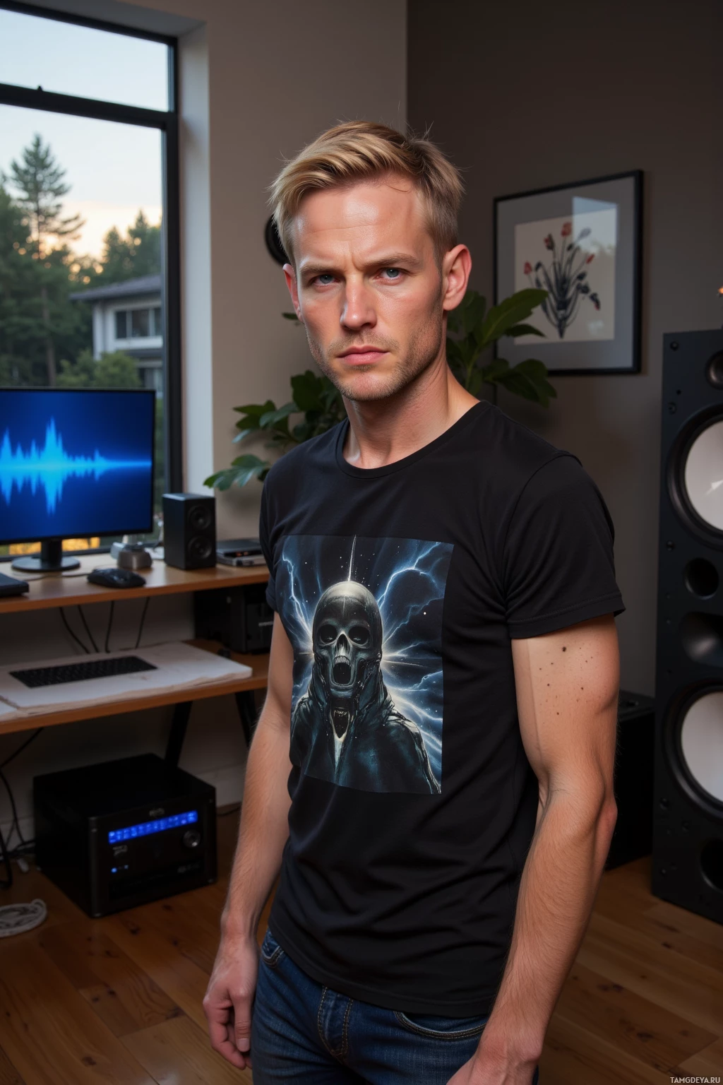 Realistic high quality photo. Male, 44, short blonde hair, blue eyes, pale skin, wearing a black graphic t‑shirt and dark jeans, standing in a modern living room turned audio lab with a high‑end DAC, speaker cabinets, a screen displaying a pristine waveform, an open front door with a sound pop implied, evening light streaming through the window, his expression shows slight annoyance.