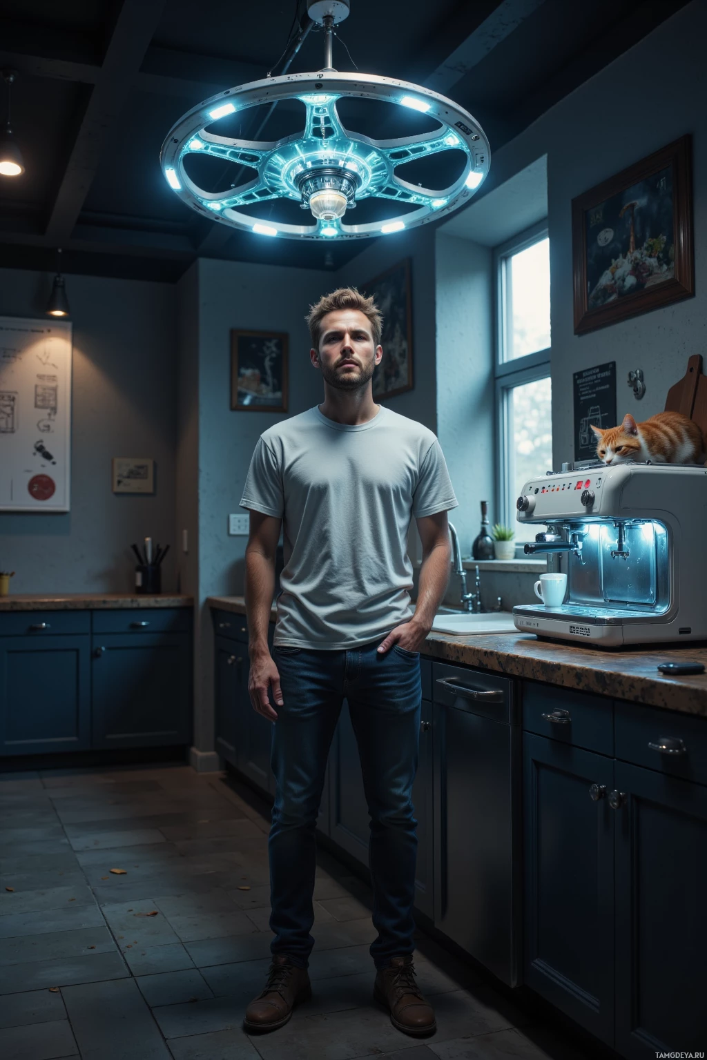 Realistic high quality photo. 29‑year‑old man with short russet hair, blue eyes, wearing a casual t‑shirt and jeans, stands in a dimly lit futuristic kitchen where a hovering prototype drone circles the counter, a quantum espresso machine glows as a subspace translator, a cat on the counter looks irritated, with scattered starship engine schematics and soft holographic ambient light.