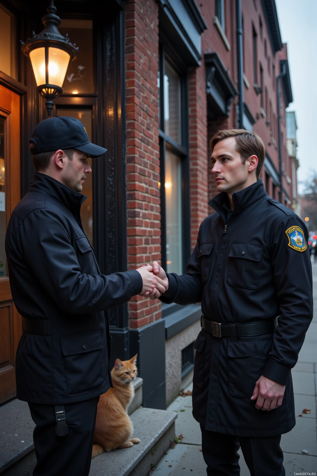 Realistic high quality photo. Male security guard, 35, short brown hair, blue eyes, fair skin, crisp black uniform without emblems, standing at an old brick building with a cracked window, handing a spare key to a mailman, a stray cat perched on the stoop, dusk lighting, calm city hum in background.