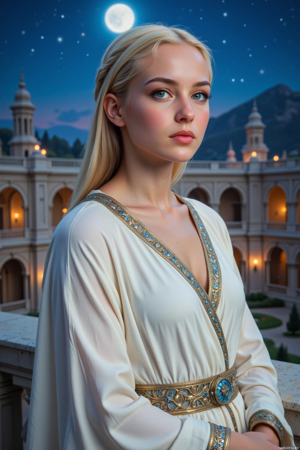 Realistic high quality photo. Female ruler, 30, platinum blonde braided hair, piercing blue eyes, golden brown skin, wearing flowing white robes with silver embroidery, standing on a moonlit balcony overlooking a palace courtyard at dusk, stars glittering above, posture regal and commanding.